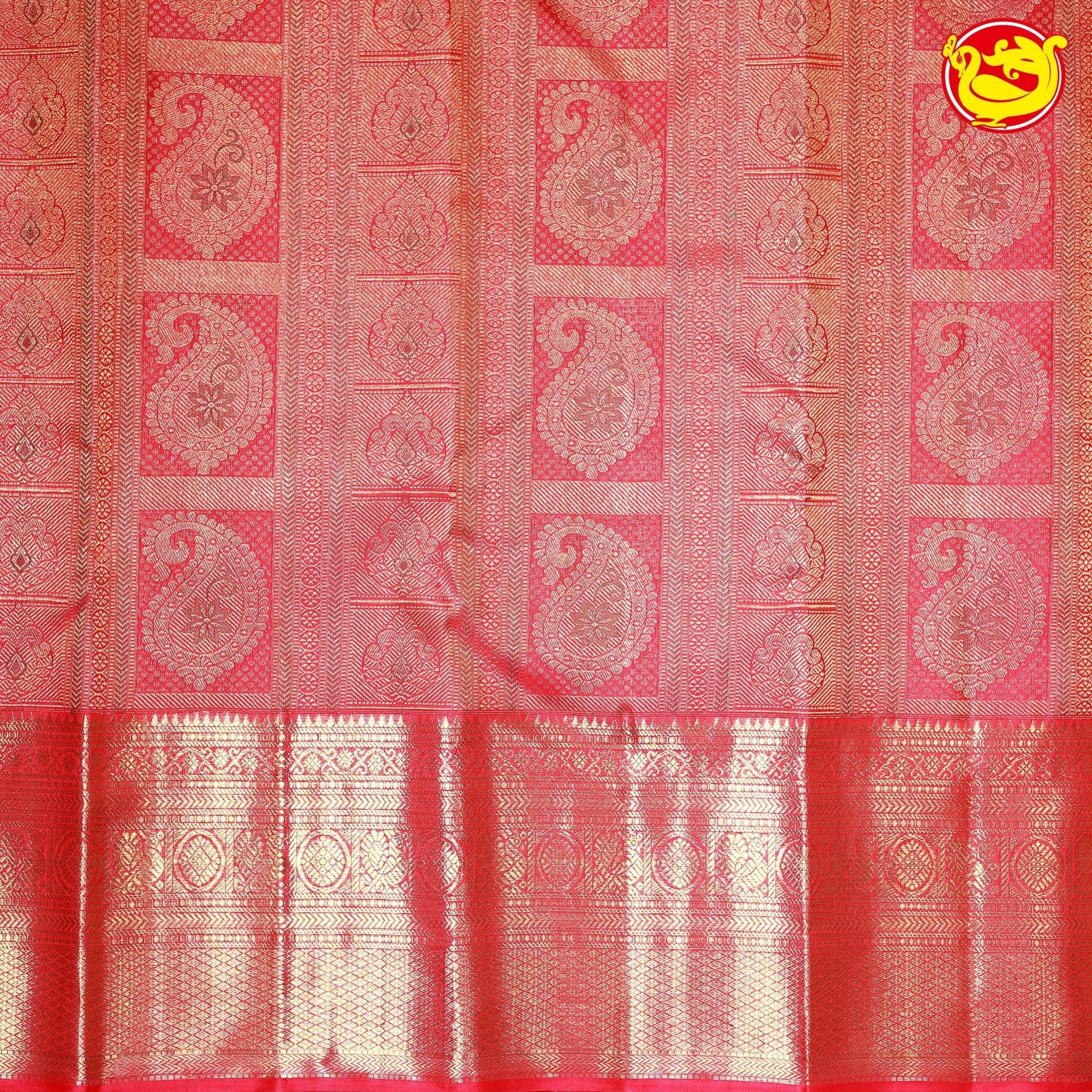 Ruby Red Mango Floral Motifs Gold Zari Long Border Pure Kanjivaram Subhalaya Wedding Silk Saree - Thenianantham