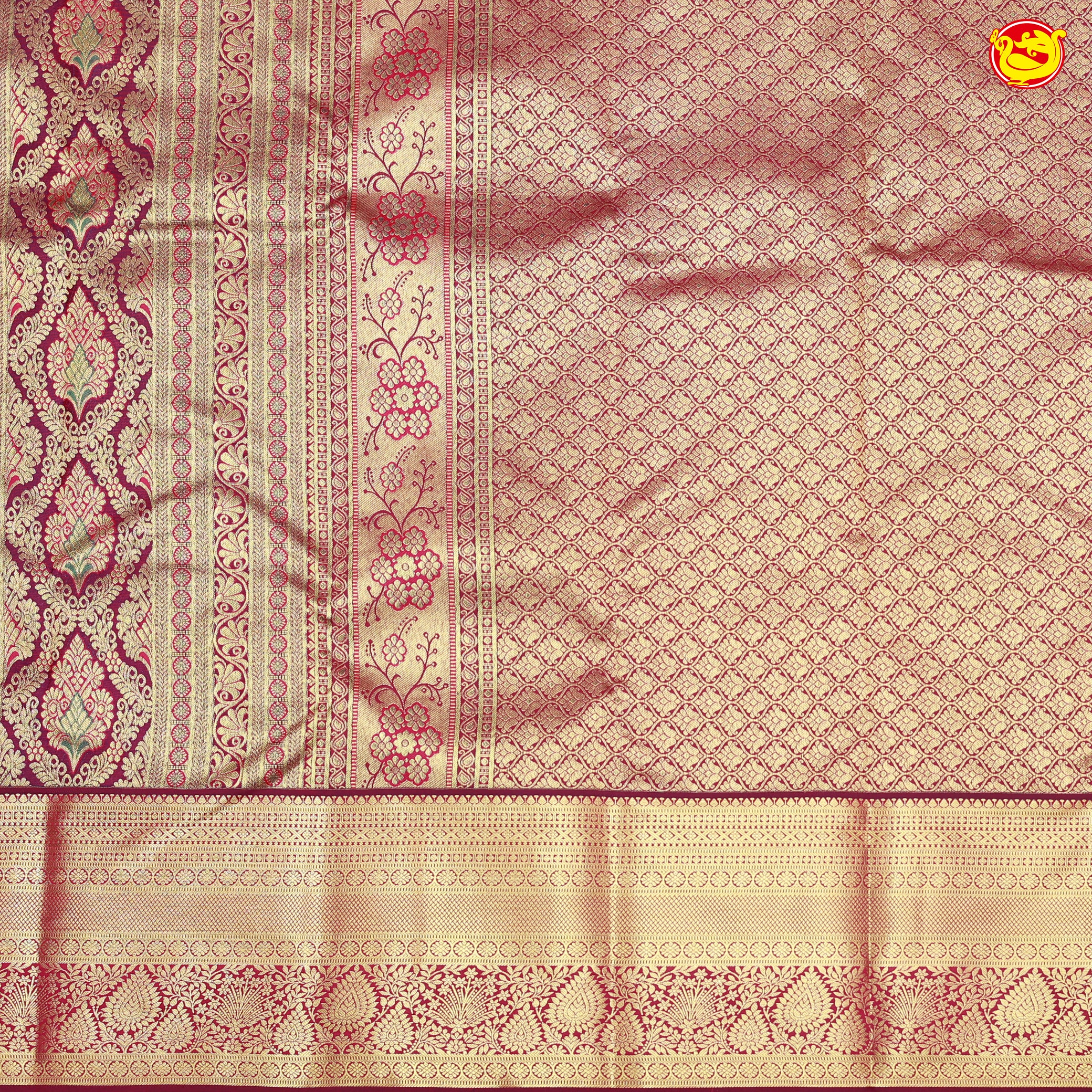 Dark Maroon with Dark Pink Gold Zari Long Border Wedding Silk Saree