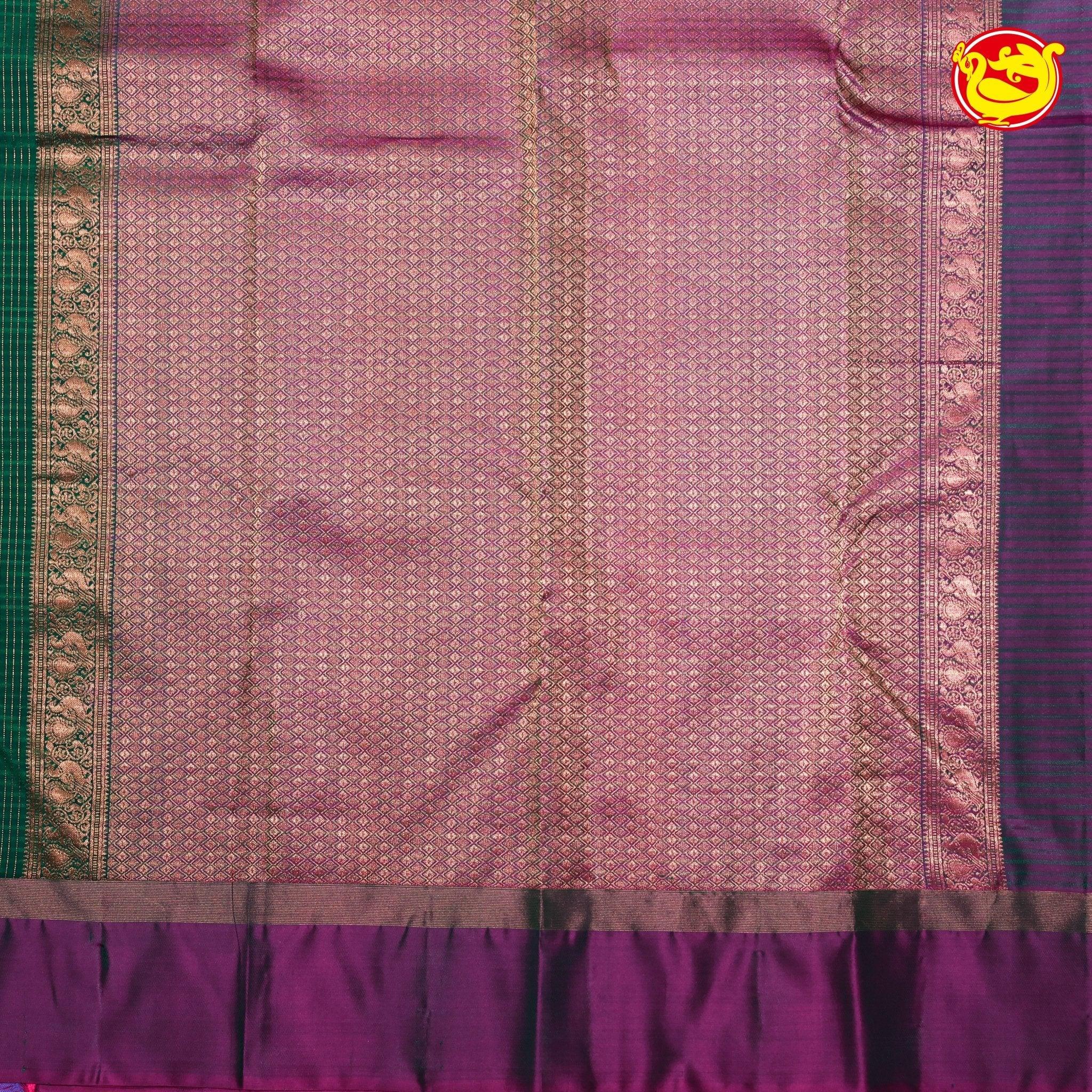 Bottle Green Checked Round Buttas Gold Zari Pure Kanjivaram Soft Silk Saree - Thenianantham