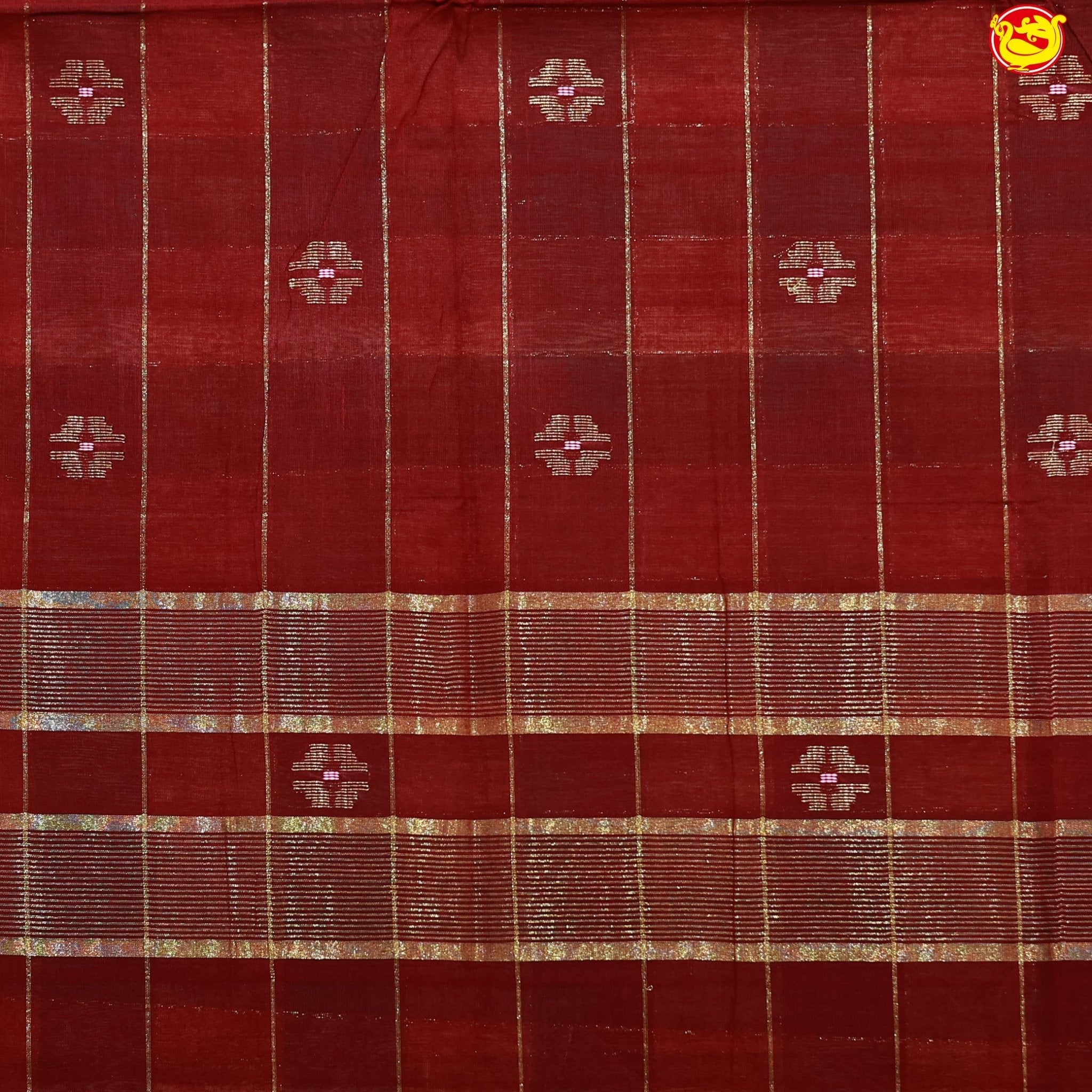 Peach with Green Checked Gold Zari Border Maroon Floral Pallu Venkatagiri Pure Cotton without Blouse - Thenianantham