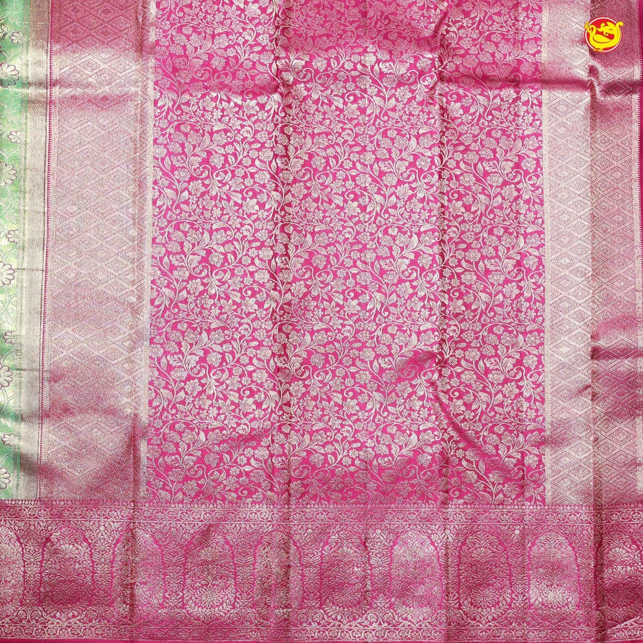 Green with Pink Floral Motifs Gold Zari Long Border Kanjivaram Wedding Silk Saree