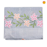 English Grey Floral Embroidery Work Silver Zari Border Tissue Fancy Saree - Thenianantham