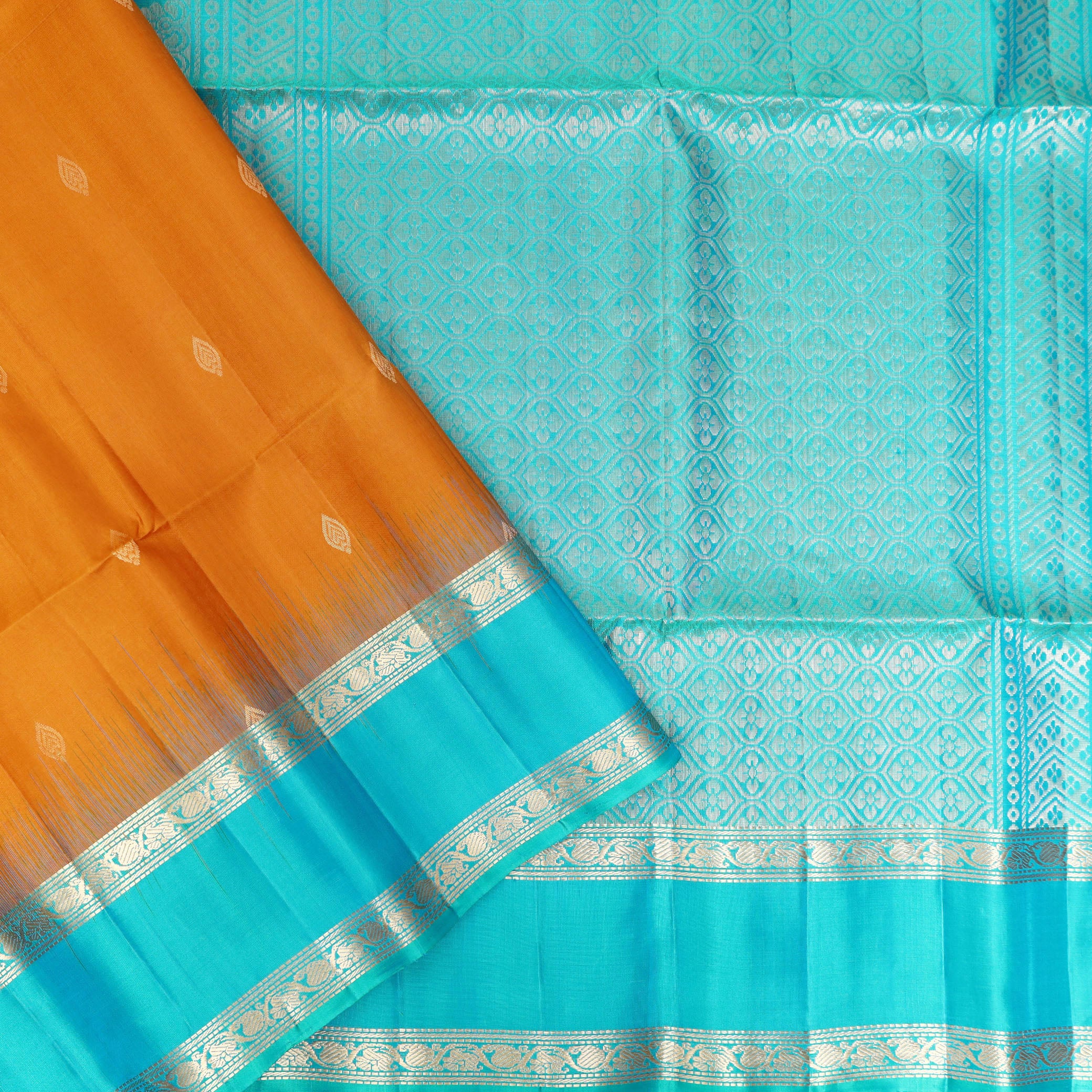 Mustard Orange  With Teal Green Soft Silk Saree