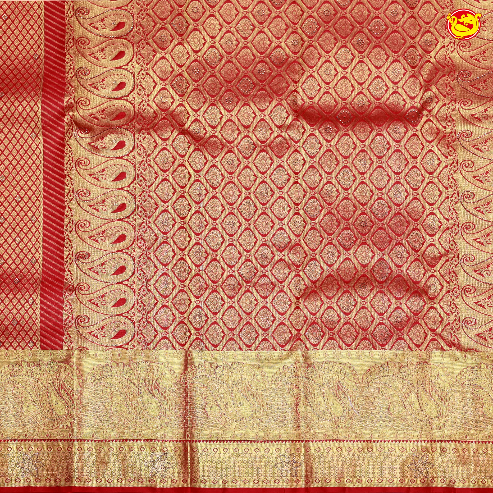 Tomato Red with Golden Stone Work Gold Zari Border Wedding Silk Saree