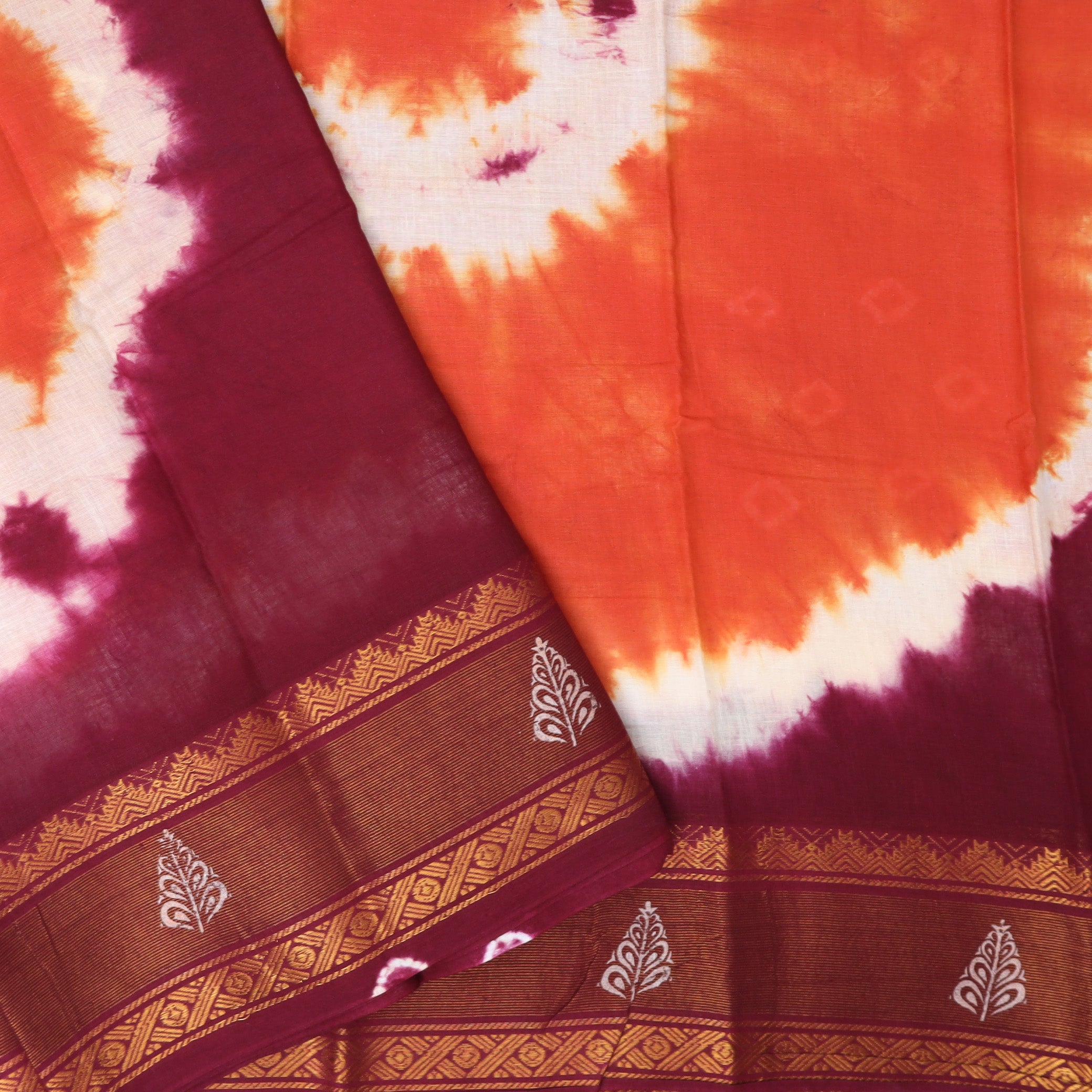 Orange  With Maroon Sungudi Cotton Saree   without Blouse
