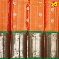 Orange and Green Checked in Tree Buttas Long Border Heirloom Pure Soft Silk Saree - Thenianantham