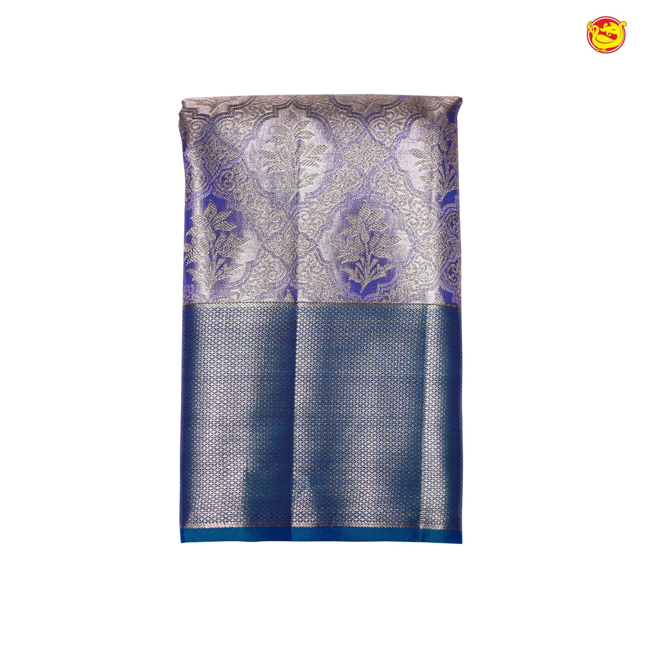 Biscuit Brown with Violet Floral Motifs Copper Zari Long Border Kanjivaram Wedding Silk Saree