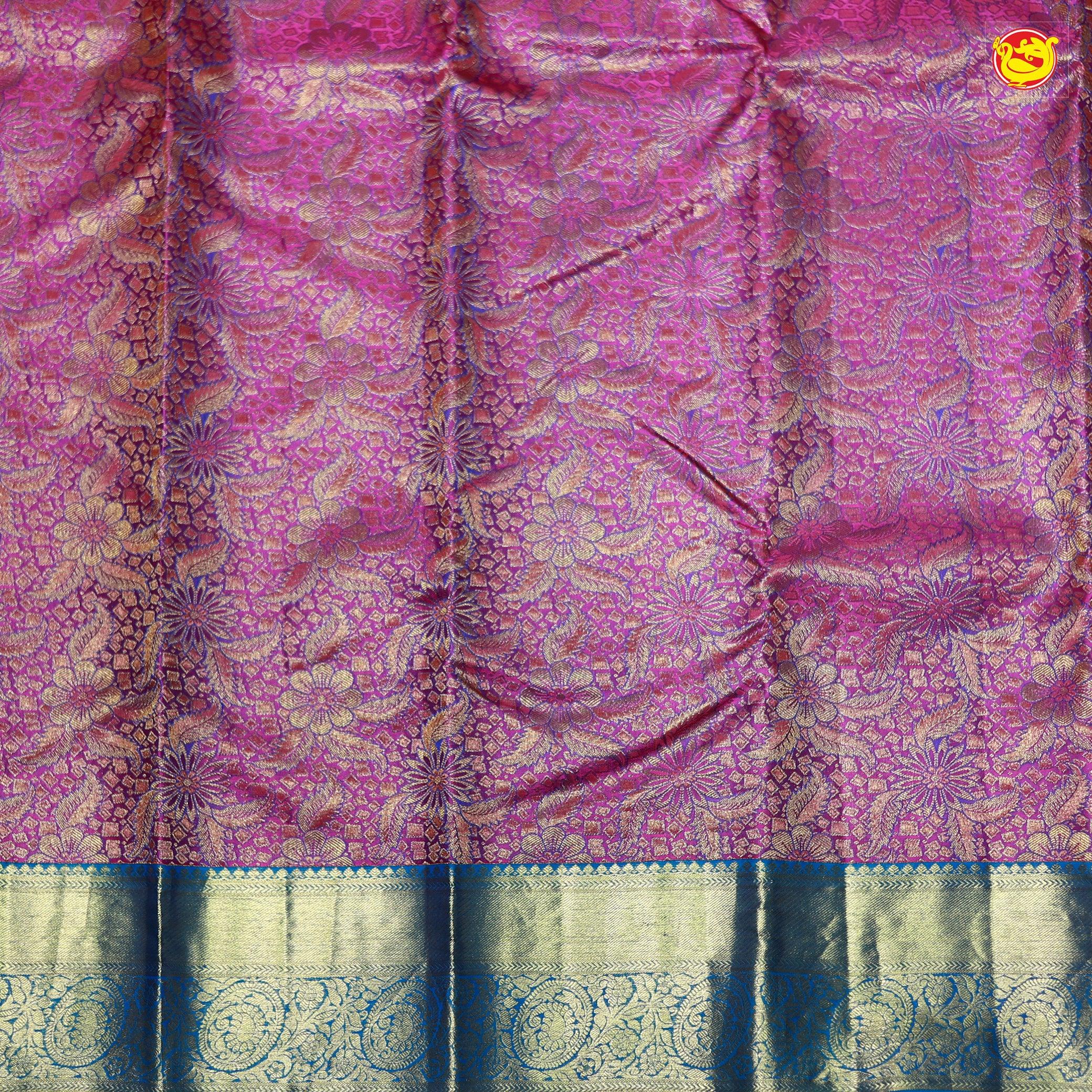 Pink with Blue Jacquard Gold Zari Floral Border Kanjivaram Wedding Silk Saree