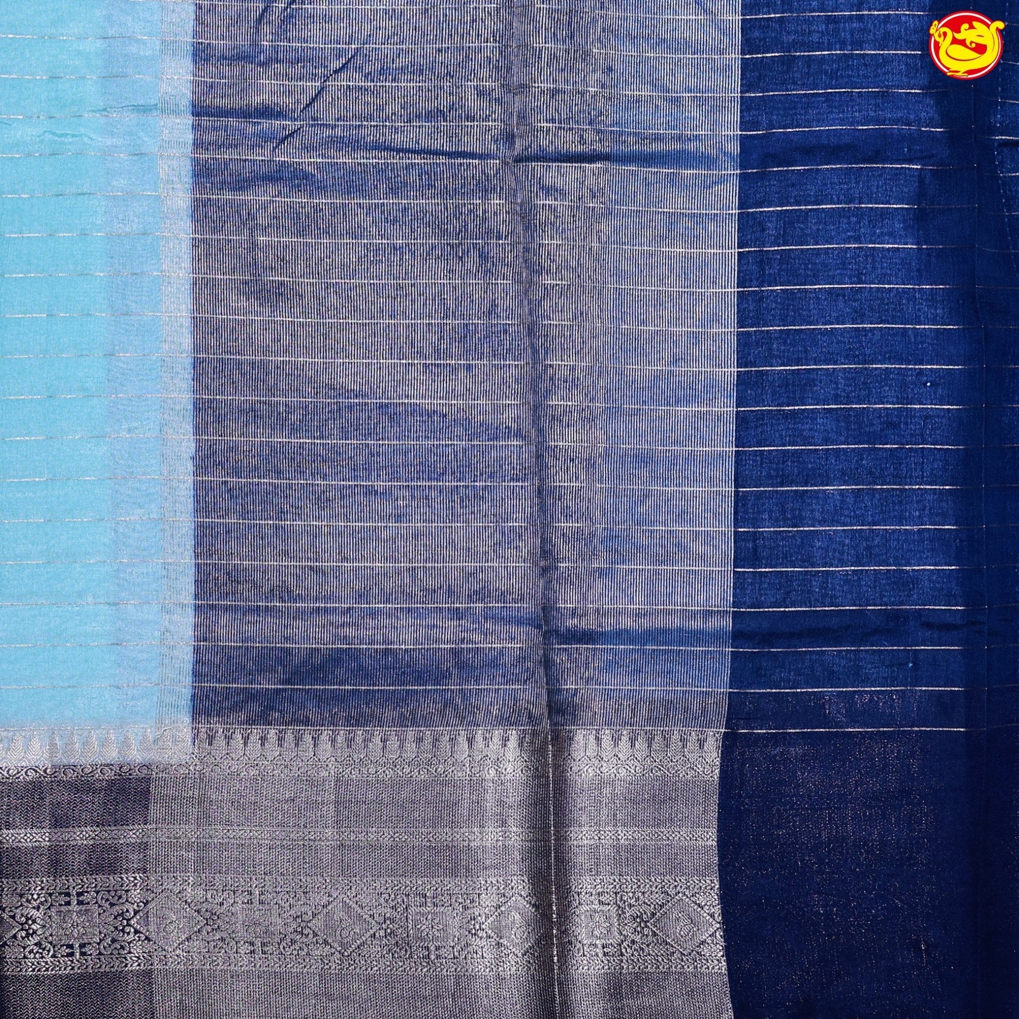 Sky Blue Horizontal Strips Motifs Silver Zari Floral Border Raw Silk Saree with Double Blouse - Thenianantham