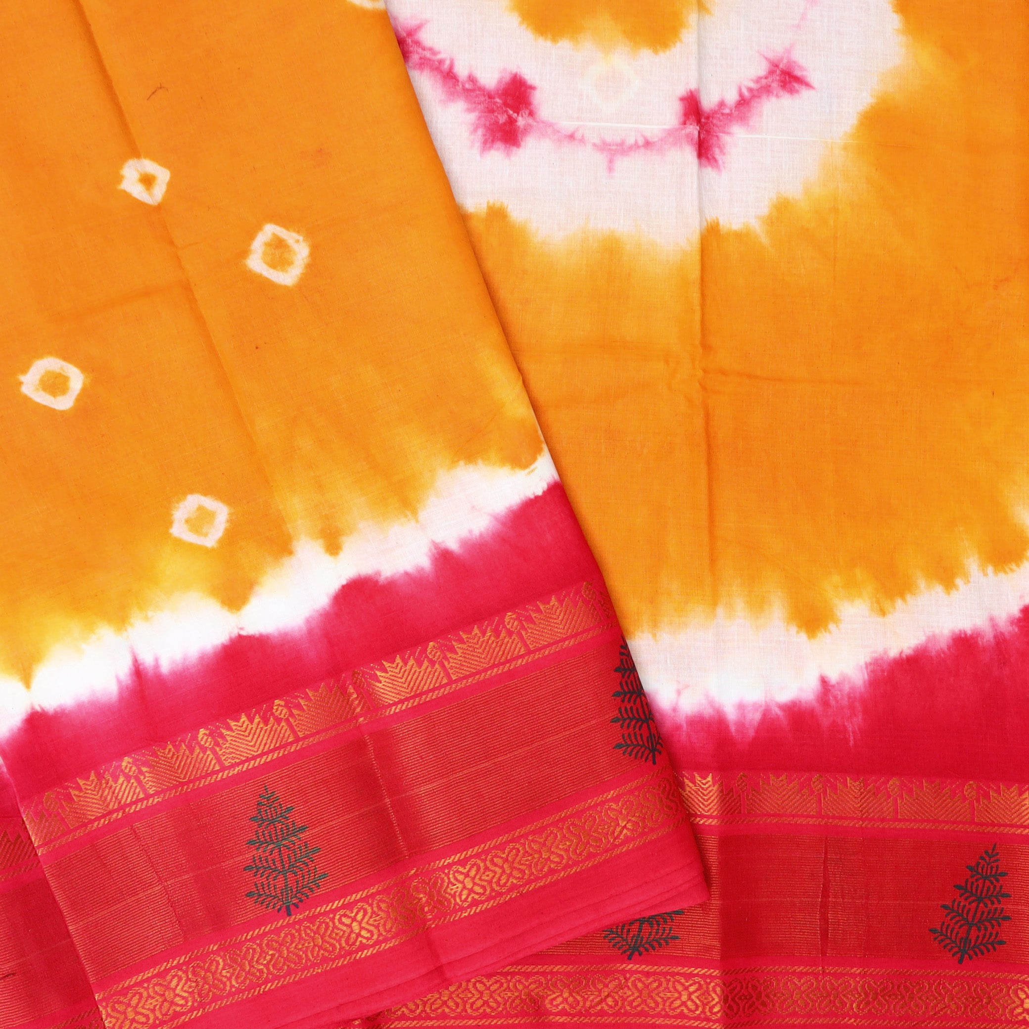 Golden Yellow With Vibrant Red  Sungudi Cotton Saree  without Blouse