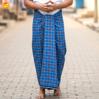 Men’s  Blue  with Brown Checked Cotton Stitched Lungi