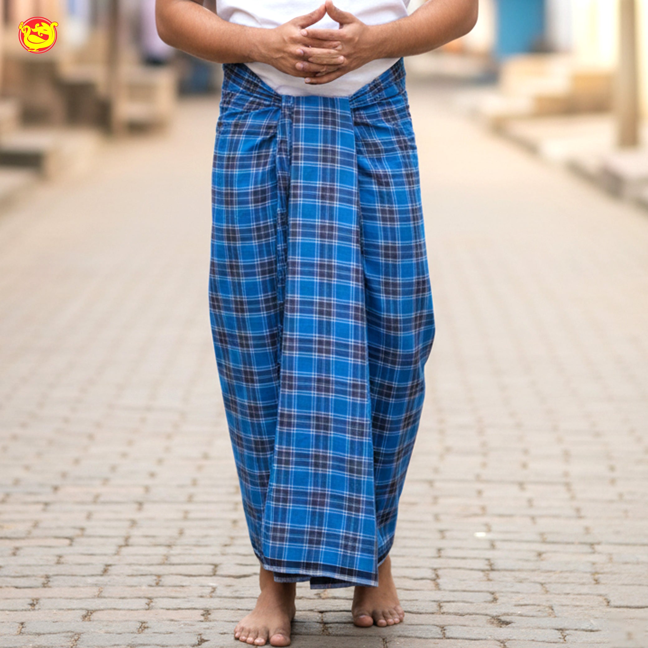 Men’s  Blue  with Brown Checked Cotton Stitched Lungi