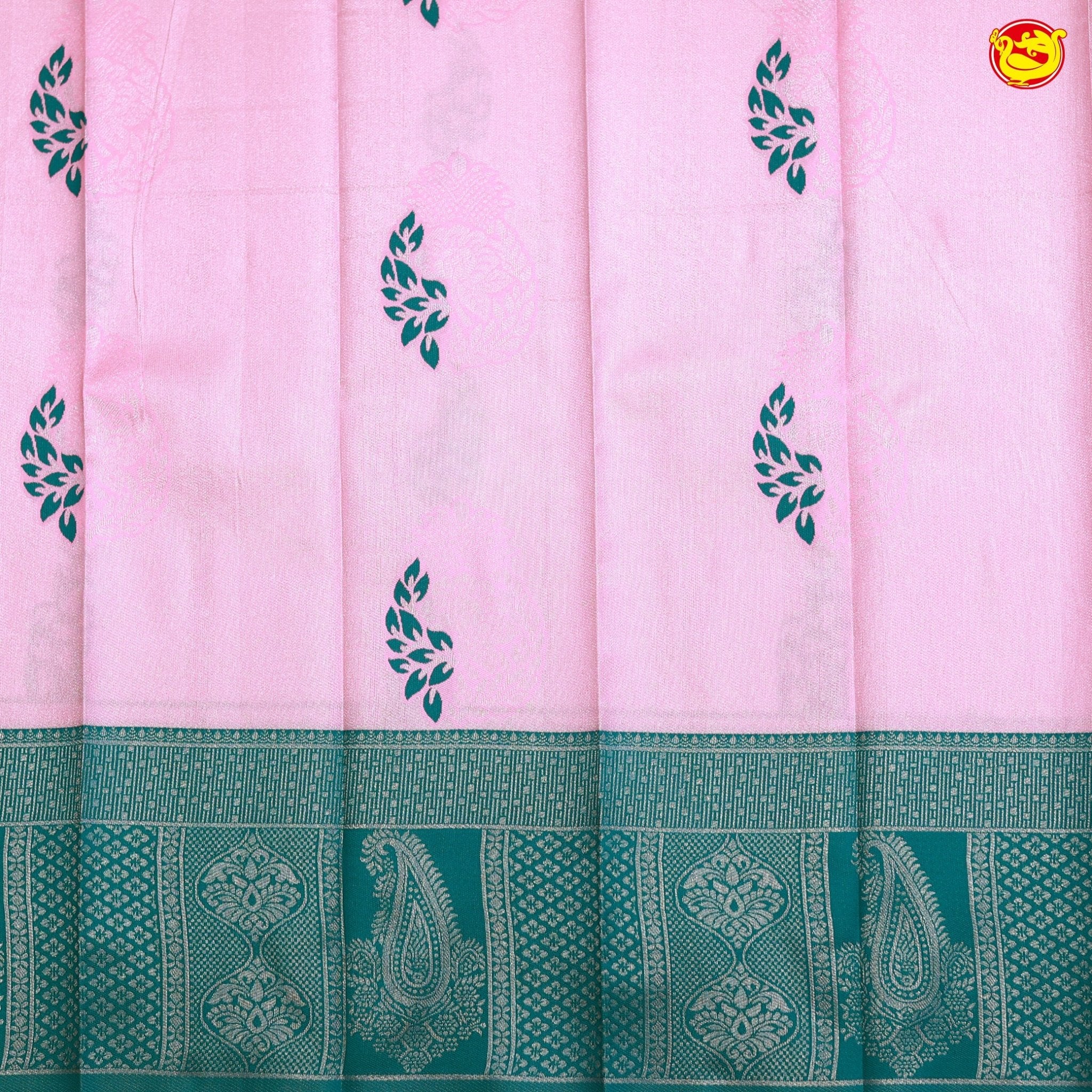 Baby Pink with Green Floral Motifs Kubera Pattu Saree - Thenianantham