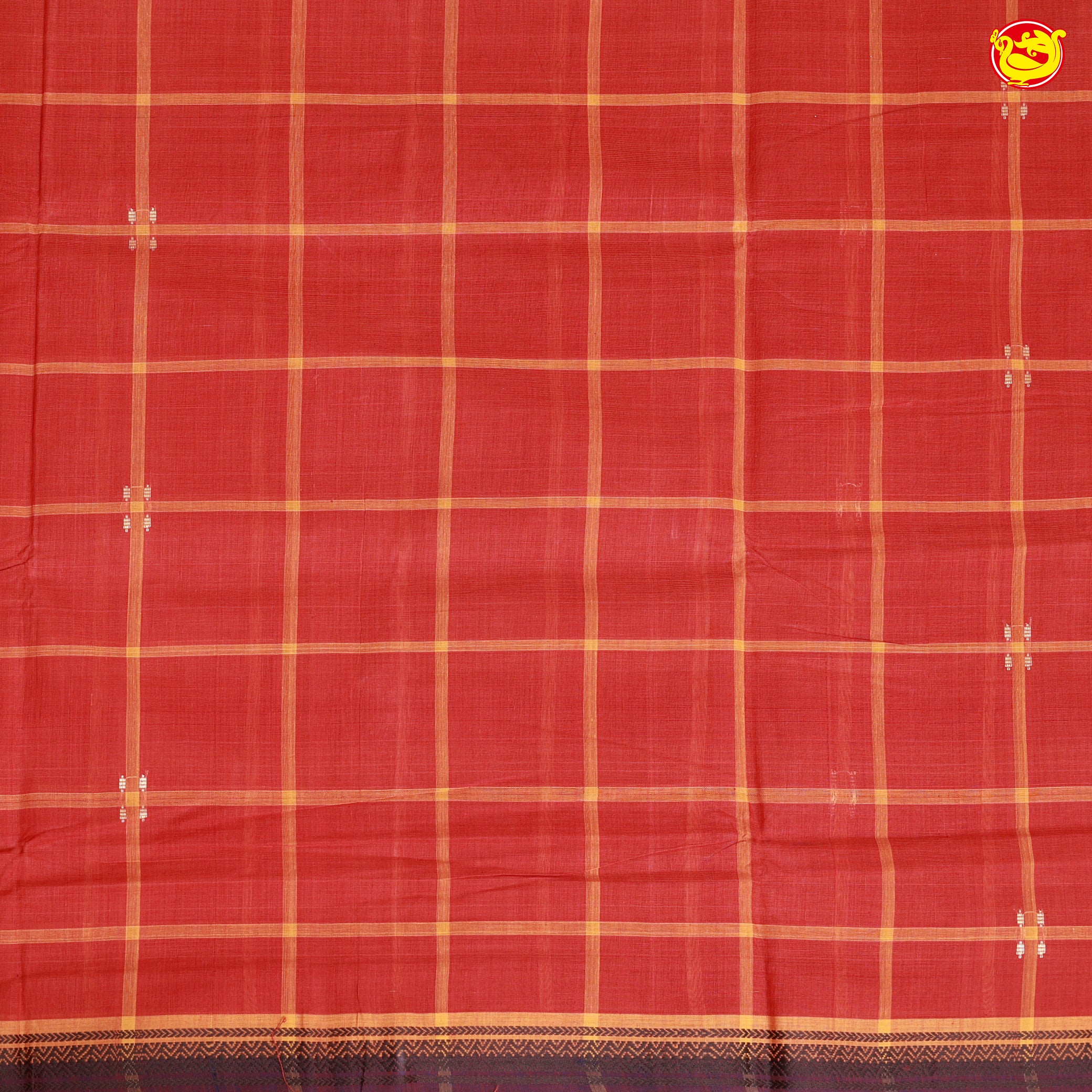 Classic Brick Red with Dark Brown Checked Venkatagiri Pure Cotton Saree without Blouse