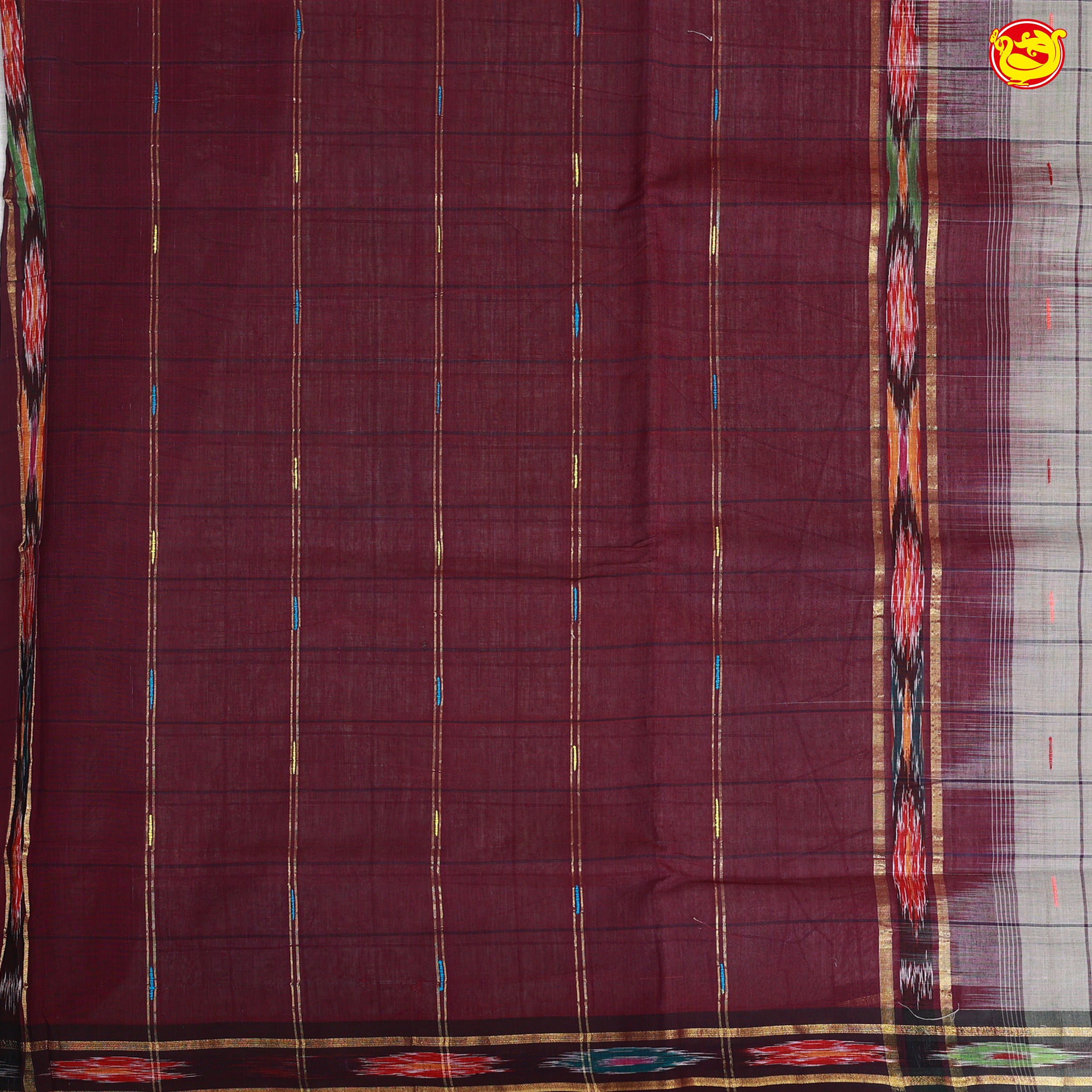 Grey with Dark Maroon Checked Venkatagiri  Pure Cotton Saree without Blouse