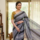 Black With Grey Stripes  Mul Mul Cotton Saree