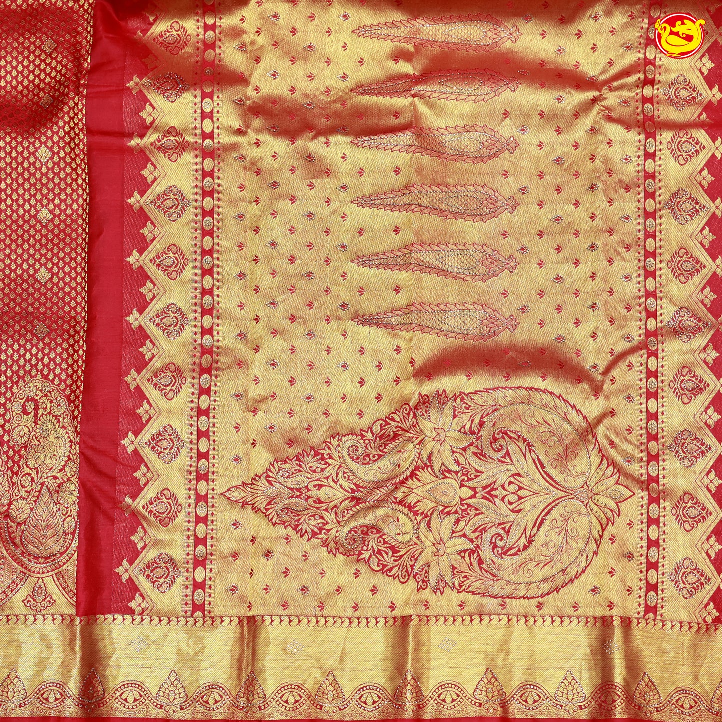 Red with Golden Stone work Gold Zari Wedding Silk Saree
