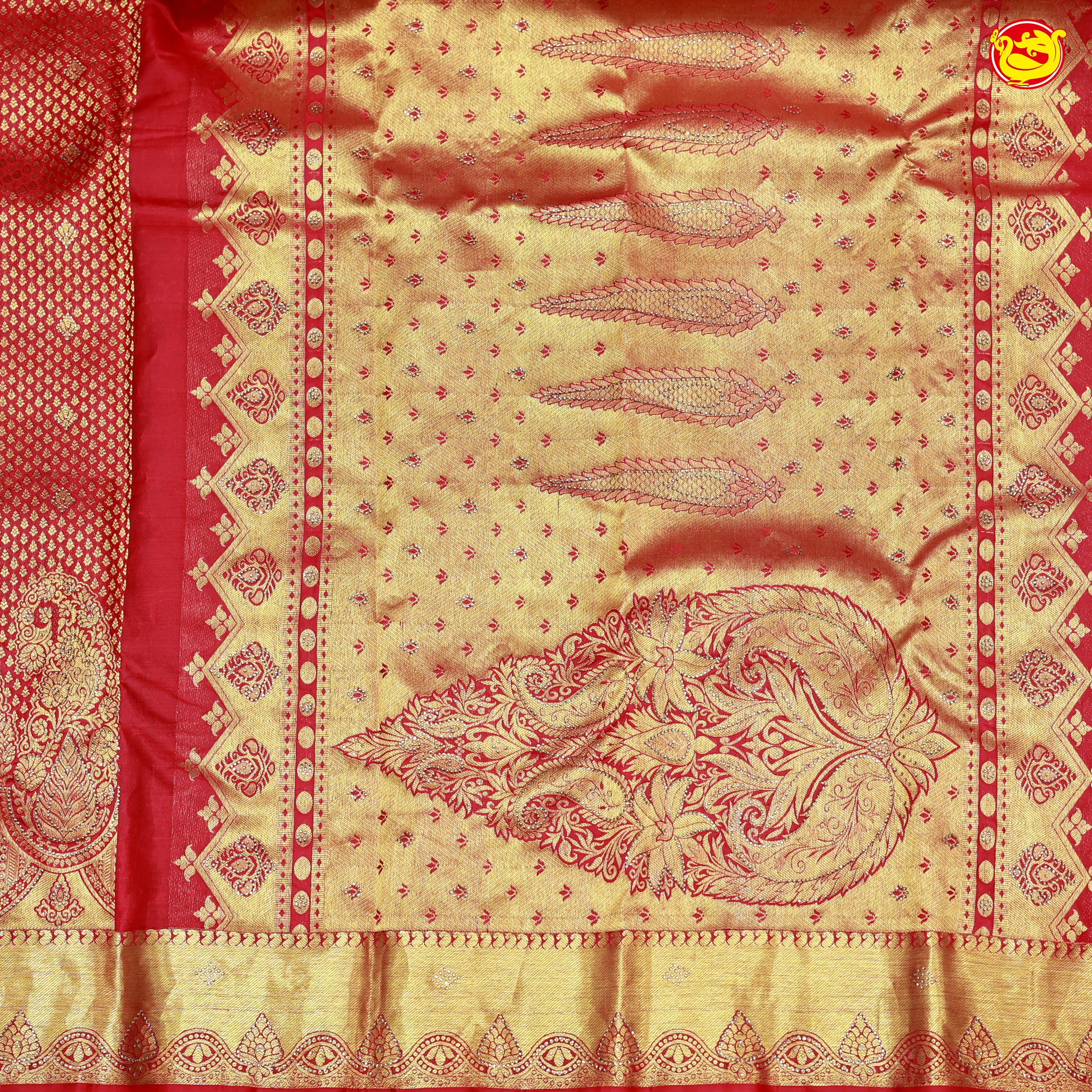 Red with Golden Stone work Gold Zari Wedding Silk Saree