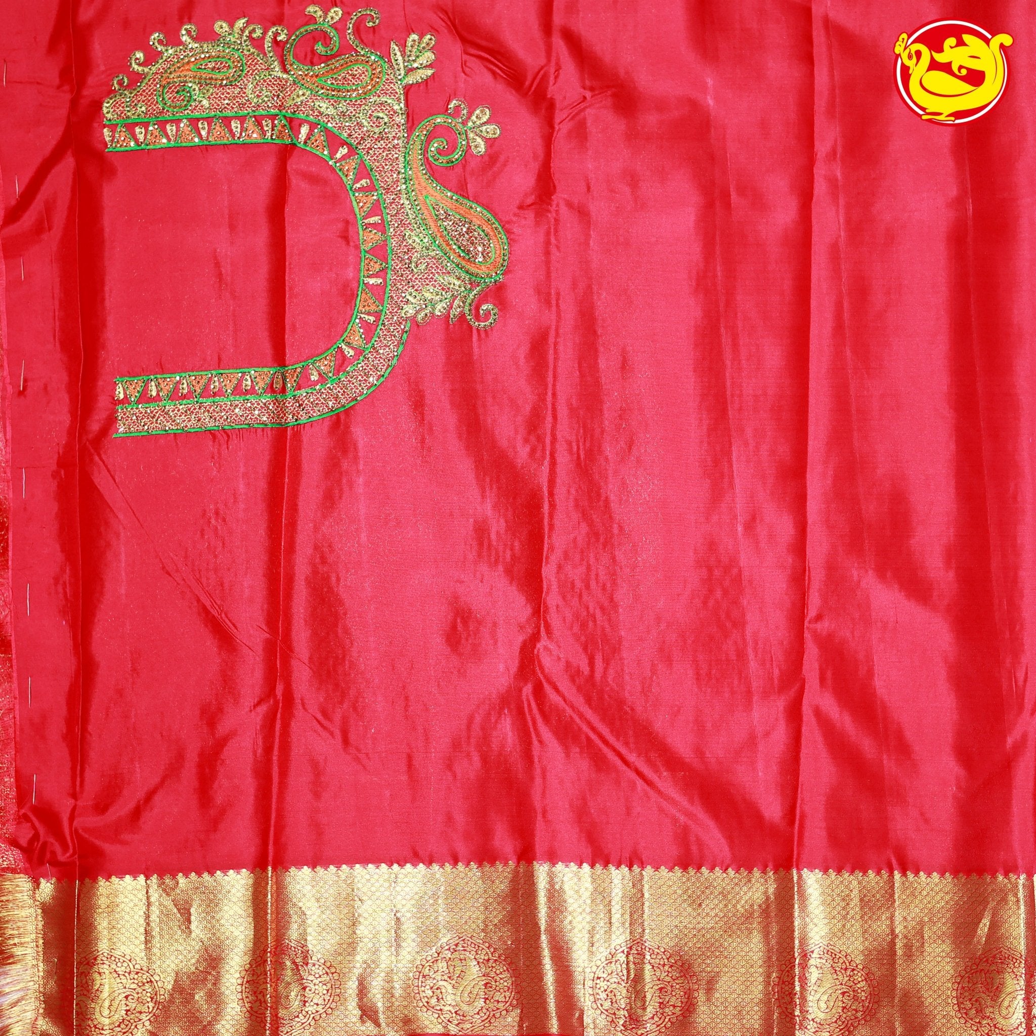 Light Red Rhombus Buttas Gold Zari Stone Border Pure Kanjivaram Subhalaya Wedding Silk Saree - Thenianantham