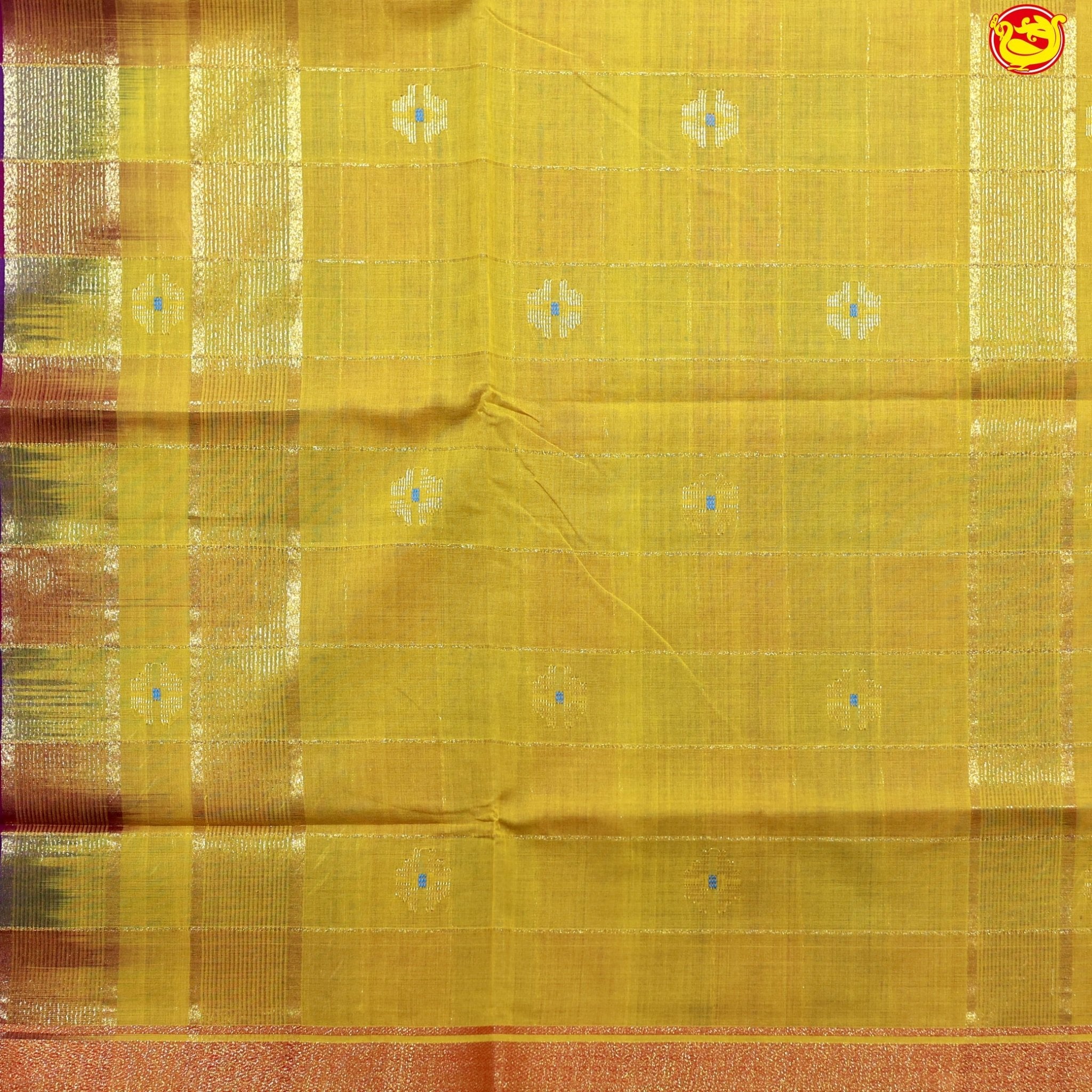 Ink Blue with Maroon Checked Gold Zari Border Yellow Floral Pallu Venkatagiri Pure Cotton without Blouse - Thenianantham