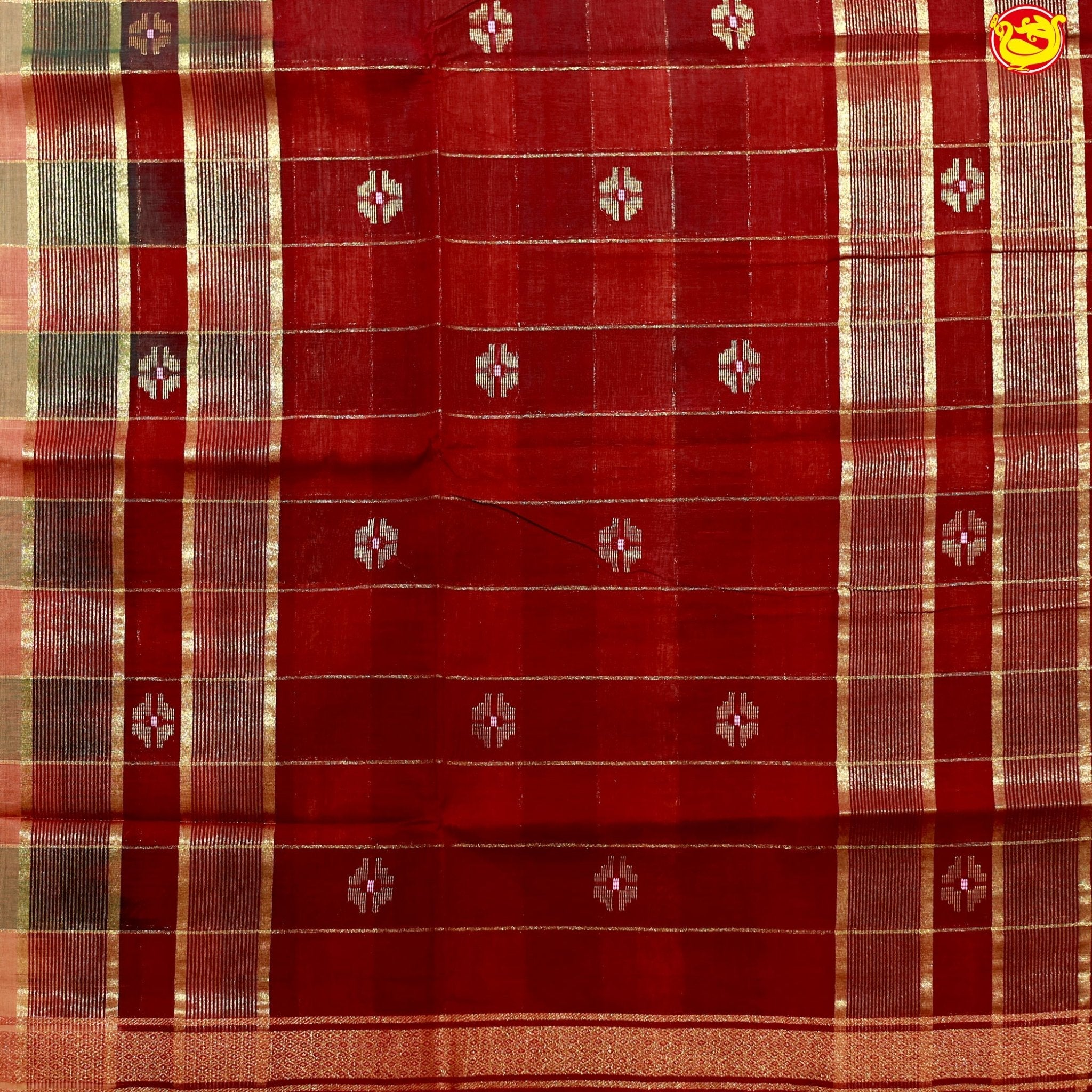 Peach with Green Checked Gold Zari Border Maroon Floral Pallu Venkatagiri Pure Cotton without Blouse - Thenianantham