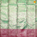 Green with Pink Floral Motifs Gold Zari Long Border Kanjivaram Wedding Silk Saree - Thenianantham