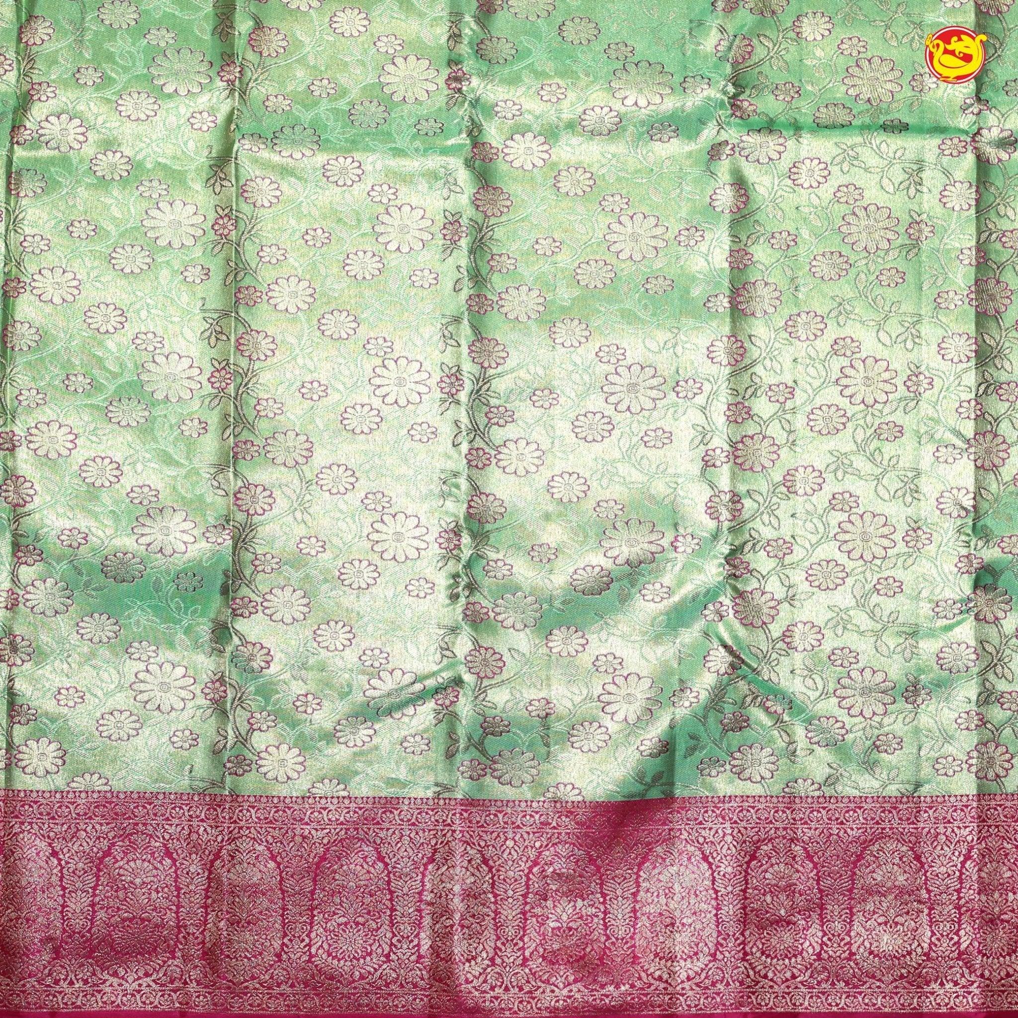 Green with Pink Floral Motifs Gold Zari Long Border Kanjivaram Wedding Silk Saree - Thenianantham