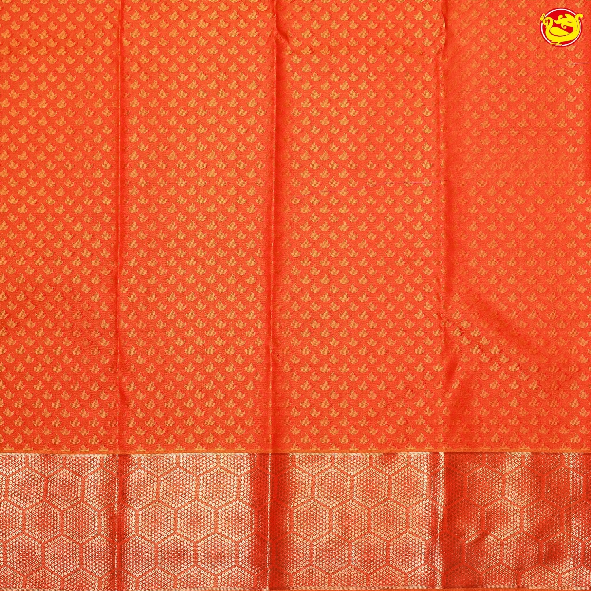 Pink with Orange Jacquard Gold Zari Geometric Motifs Border Pure Kanjivaram Wedding Silk Saree - Thenianantham