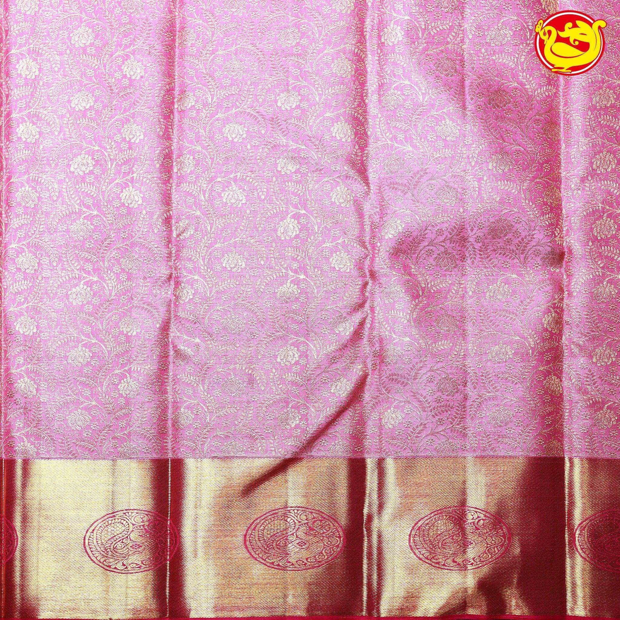 Rose Milk Jacquard Gold zari Floral Border Pure Kanjivaram Subhalaya Wedding Silk Saree - Thenianantham