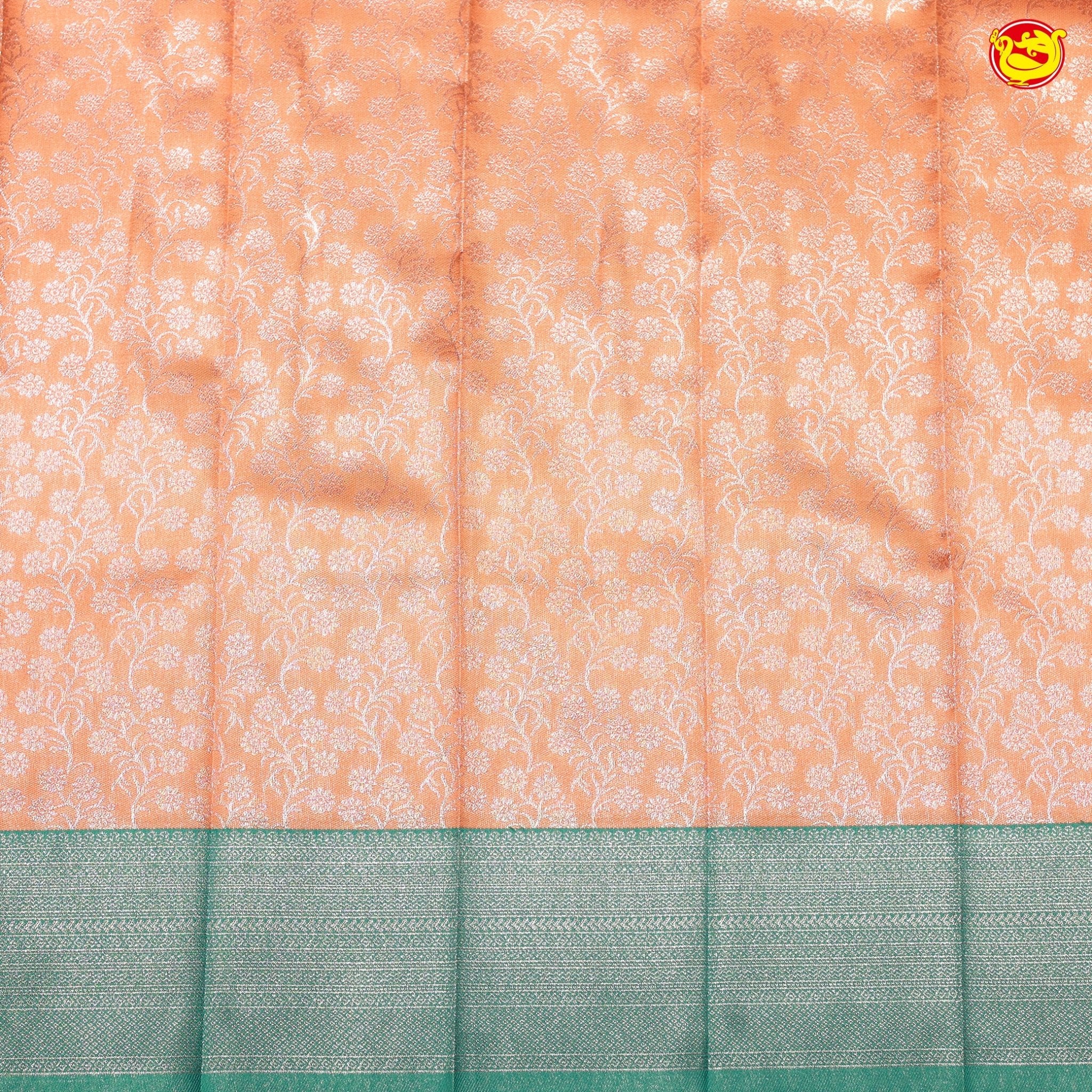 Orange with Green Floral Motifs Kubera Pattu Saree - Thenianantham