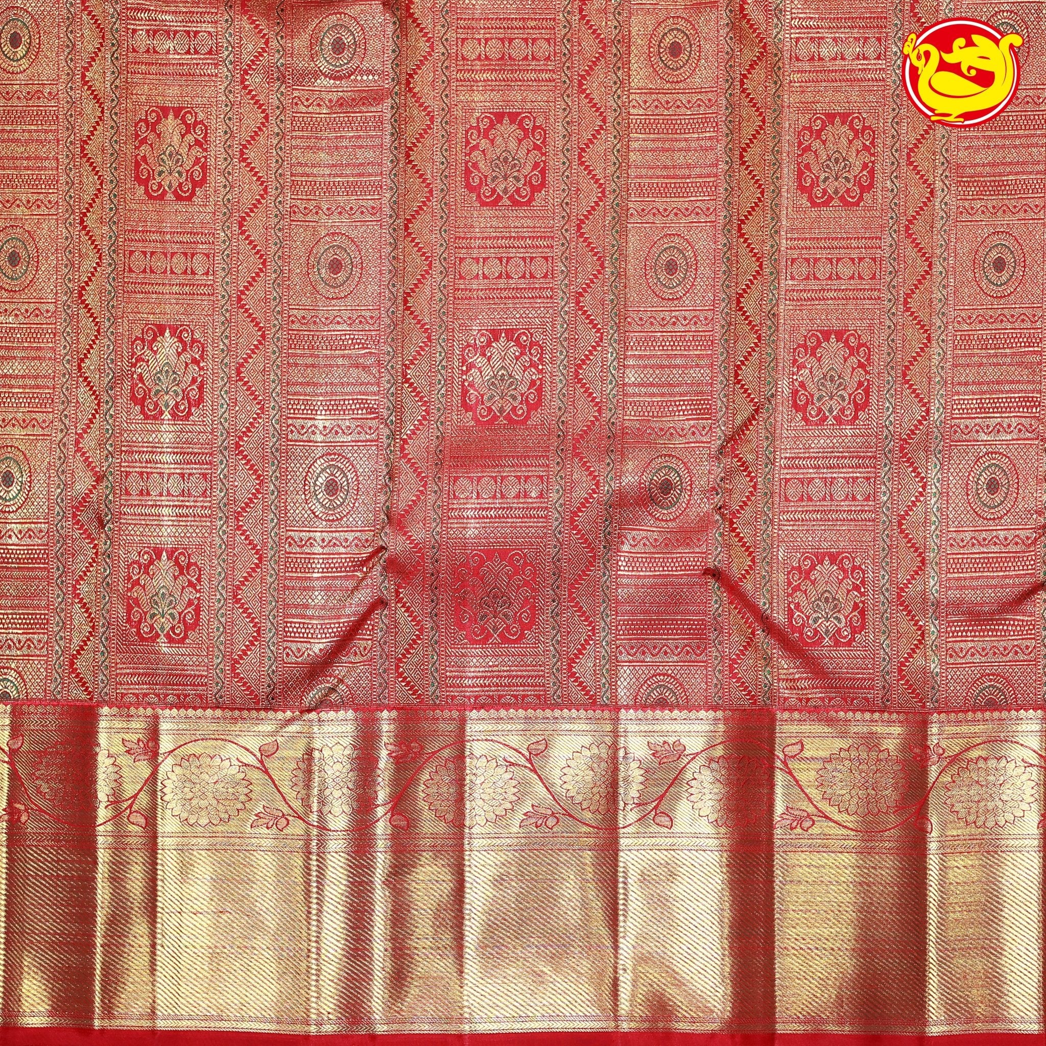 Crimson Red Jacquard Gold Zari Floral Design Long Border Pure Kanjivaram Subhalaya Wedding Silk Saree - Thenianantham