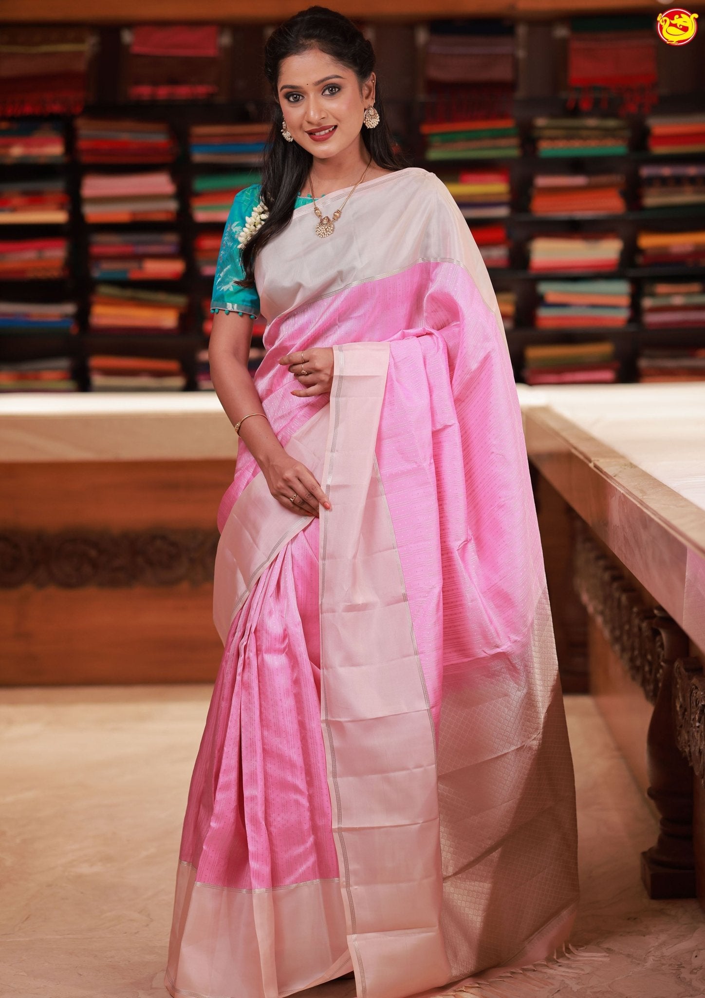 Light Pink With Cream Motifs Silver Zari Striped Yuvana Semi Soft Silk Saree