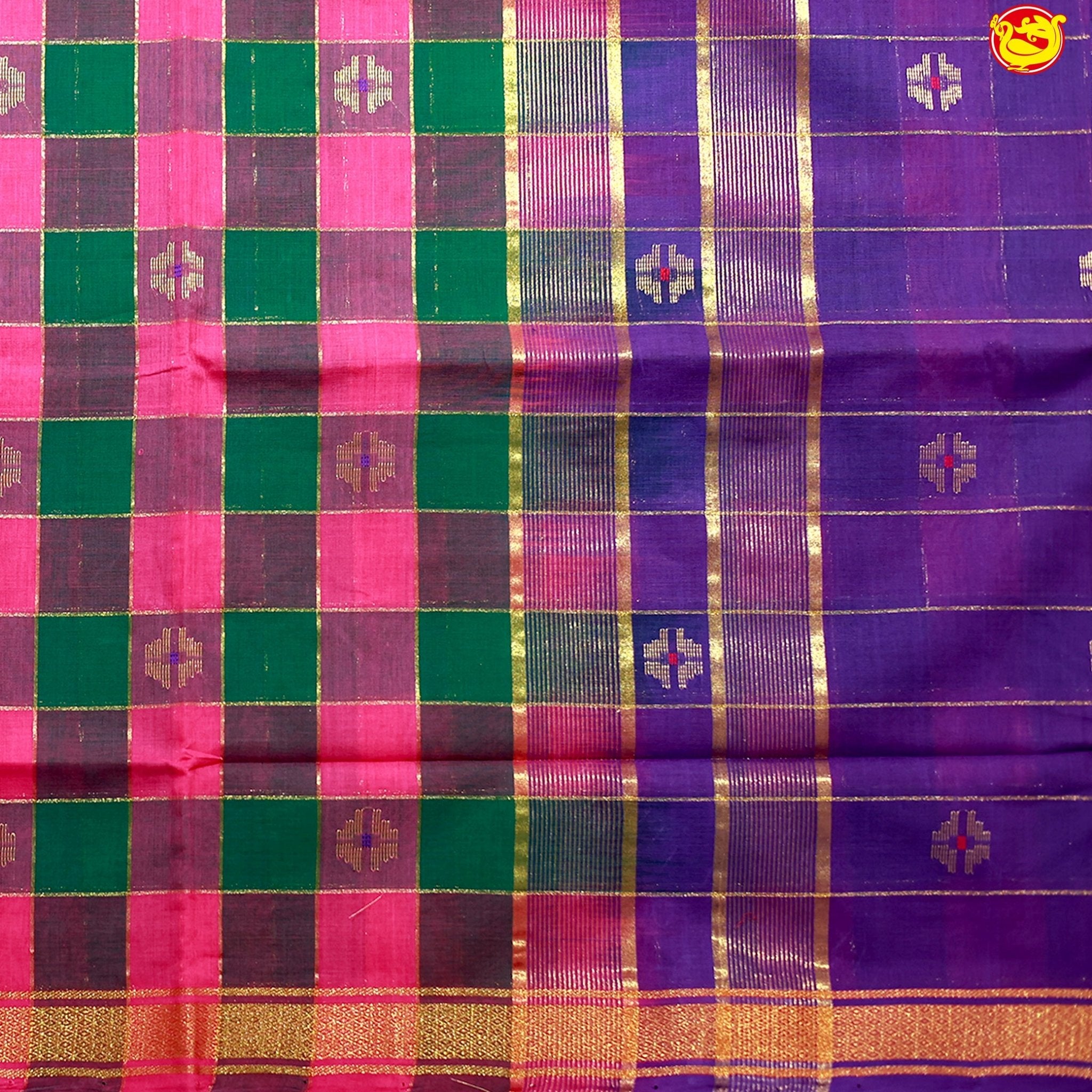 Pink with Green Checked Gold Zari Border Lavender Floral Pallu Venkatagiri Pure Cotton without Blouse - Thenianantham