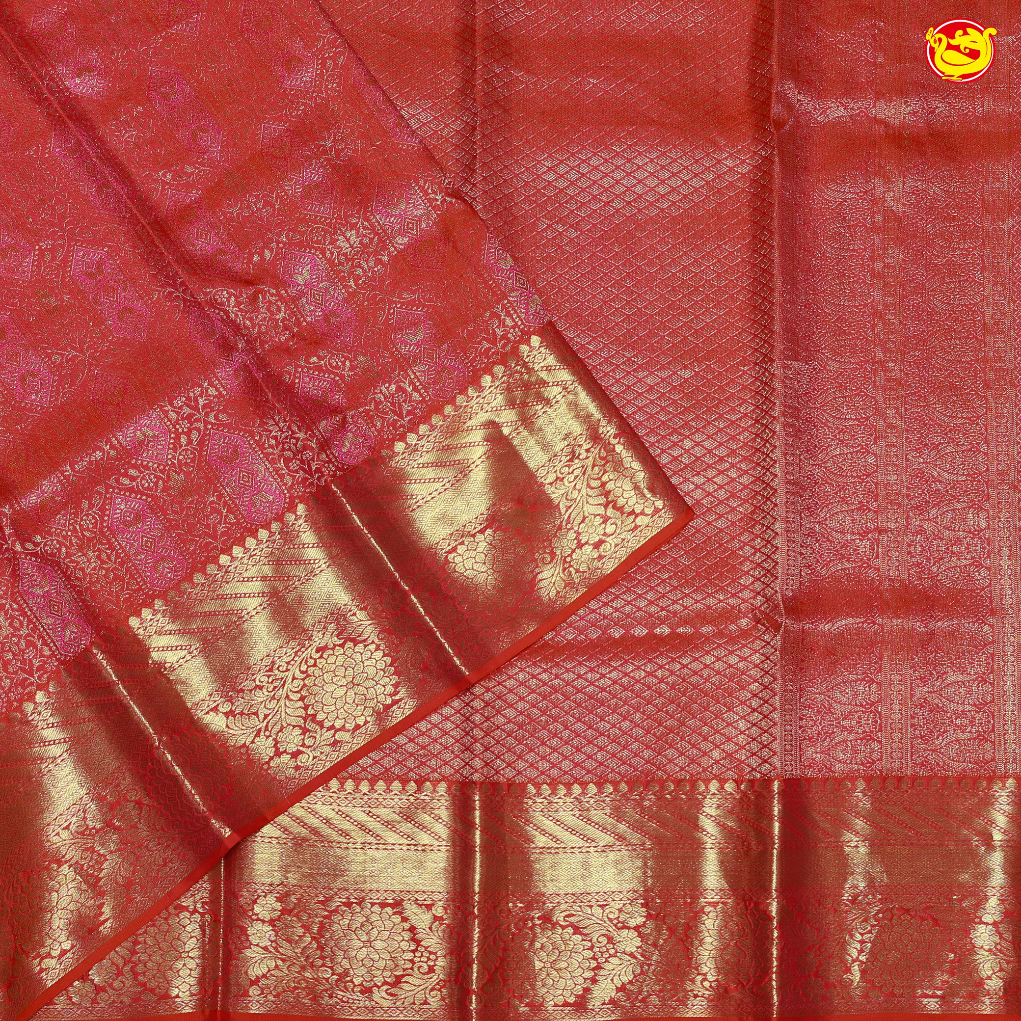 Orange Shade with Pink Traditional Tissue Wedding Silk Saree