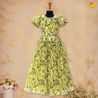 Lemon Yellow with Green Lovely Floral Pattern Girls Branded Readymade Frock - Thenianantham