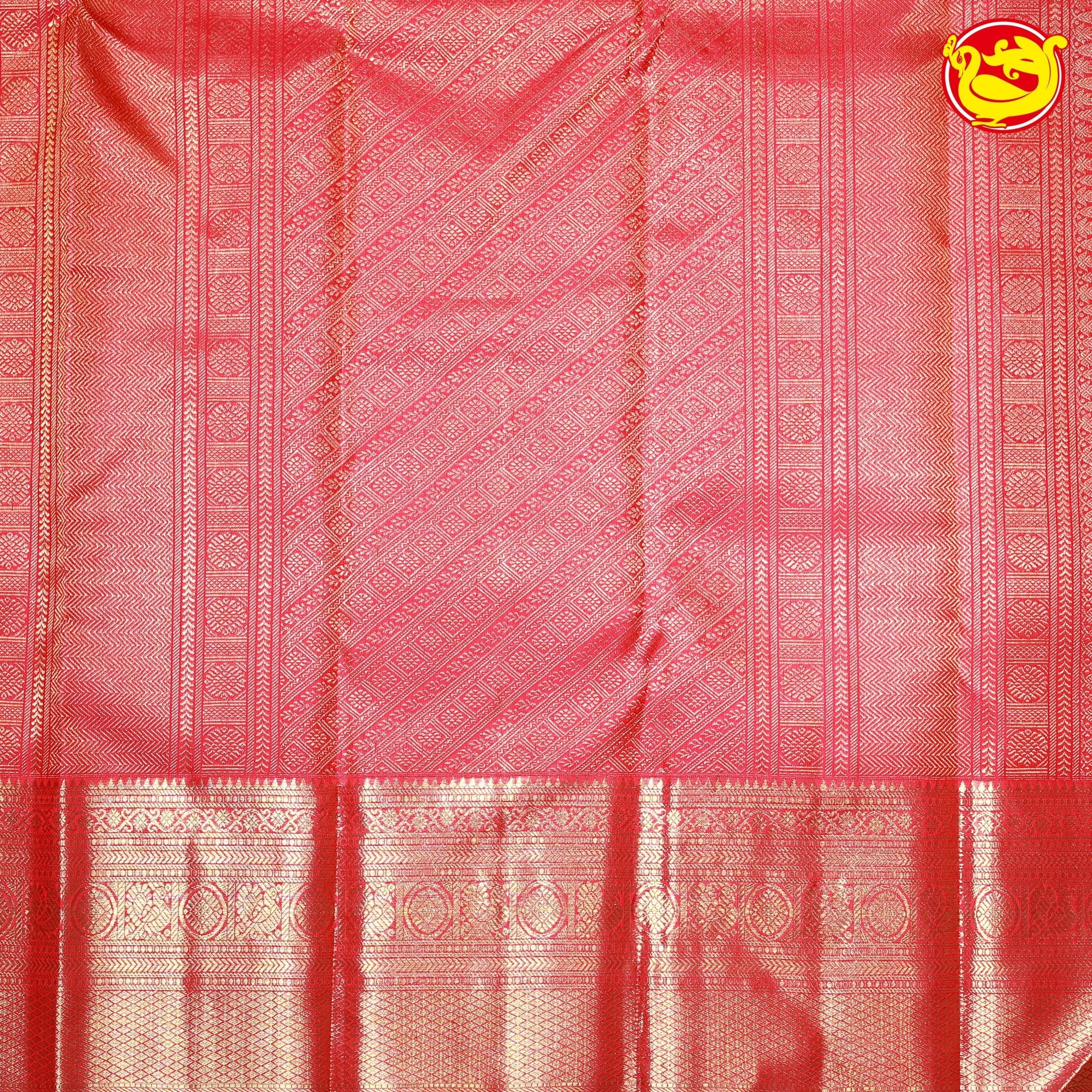 Ruby Red Mango Floral Motifs Gold Zari Long Border Pure Kanjivaram Subhalaya Wedding Silk Saree - Thenianantham