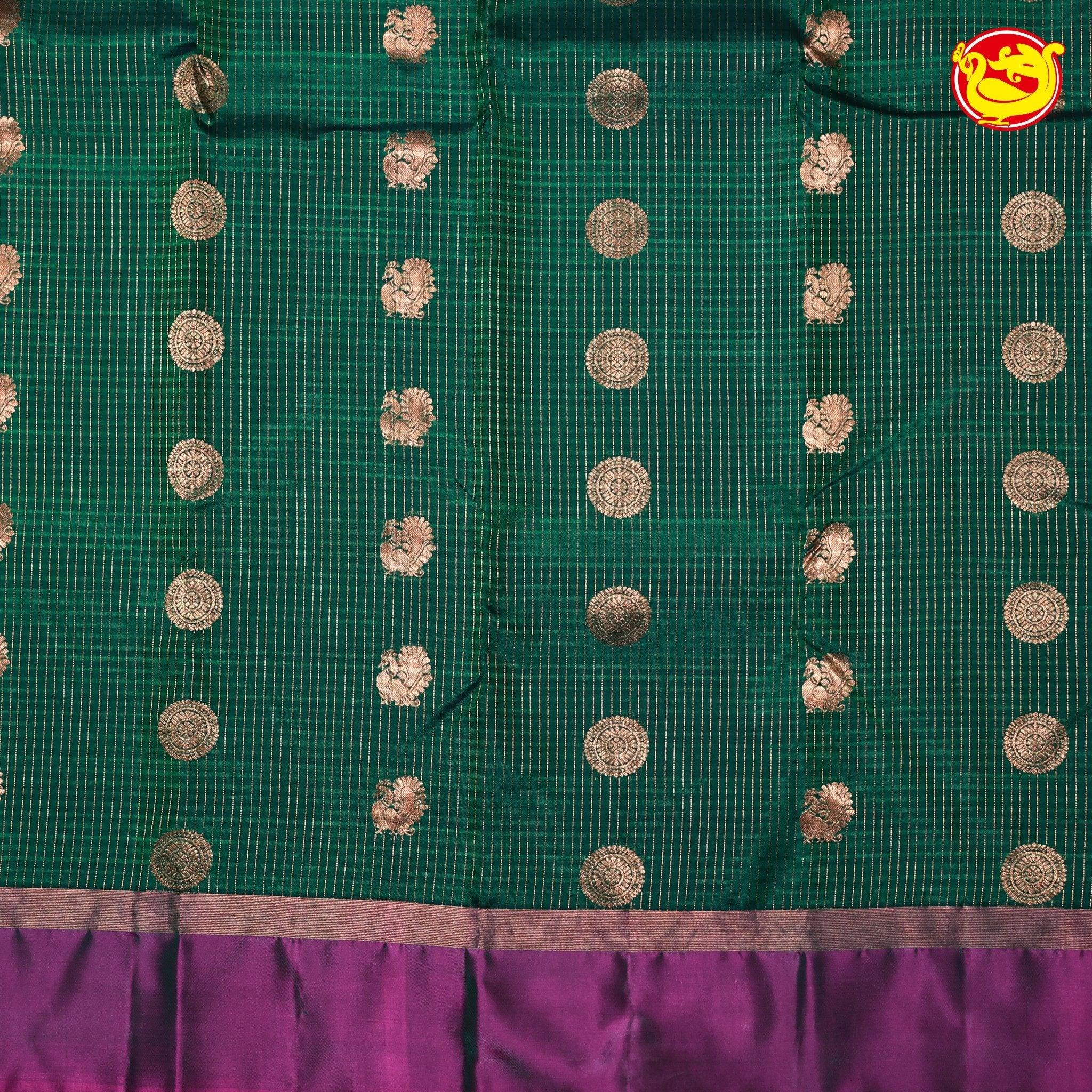 Bottle Green Checked Round Buttas Gold Zari Pure Kanjivaram Soft Silk Saree - Thenianantham