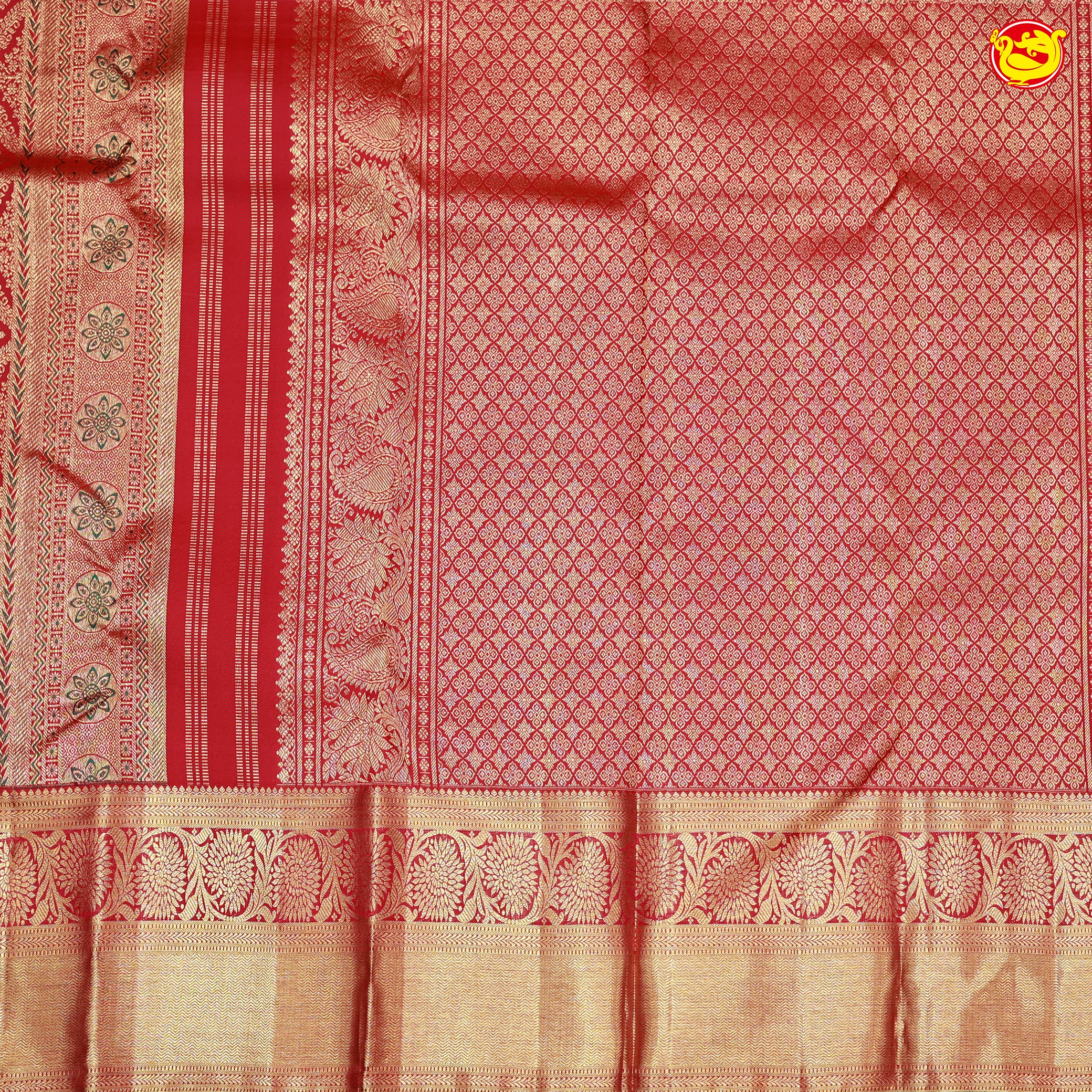 Cherry Red with Golden Zari Long Border Wedding Silk Saree