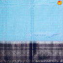 Sky Blue Horizontal Strips Motifs Silver Zari Floral Border Raw Silk Saree with Double Blouse - Thenianantham