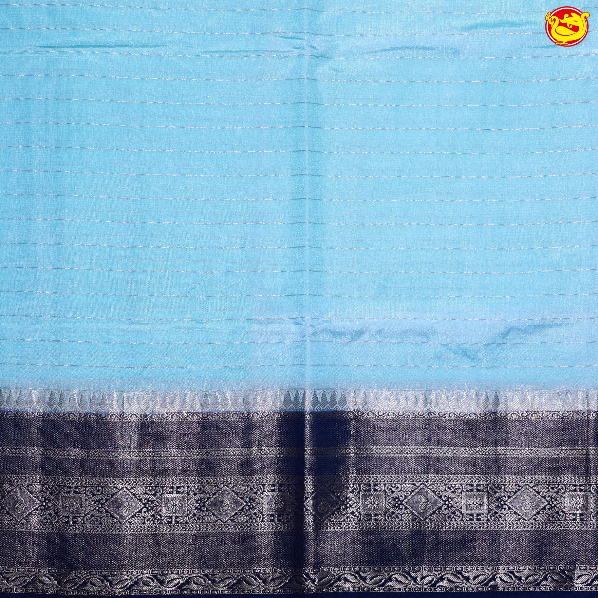 Sky Blue Horizontal Strips Motifs Silver Zari Floral Border Raw Silk Saree with Double Blouse - Thenianantham