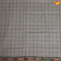 Grey with Dark Maroon Checked Venkatagiri  Pure Cotton Saree without Blouse