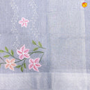 English Grey Floral Embroidery Work Silver Zari Border Tissue Fancy Saree - Thenianantham