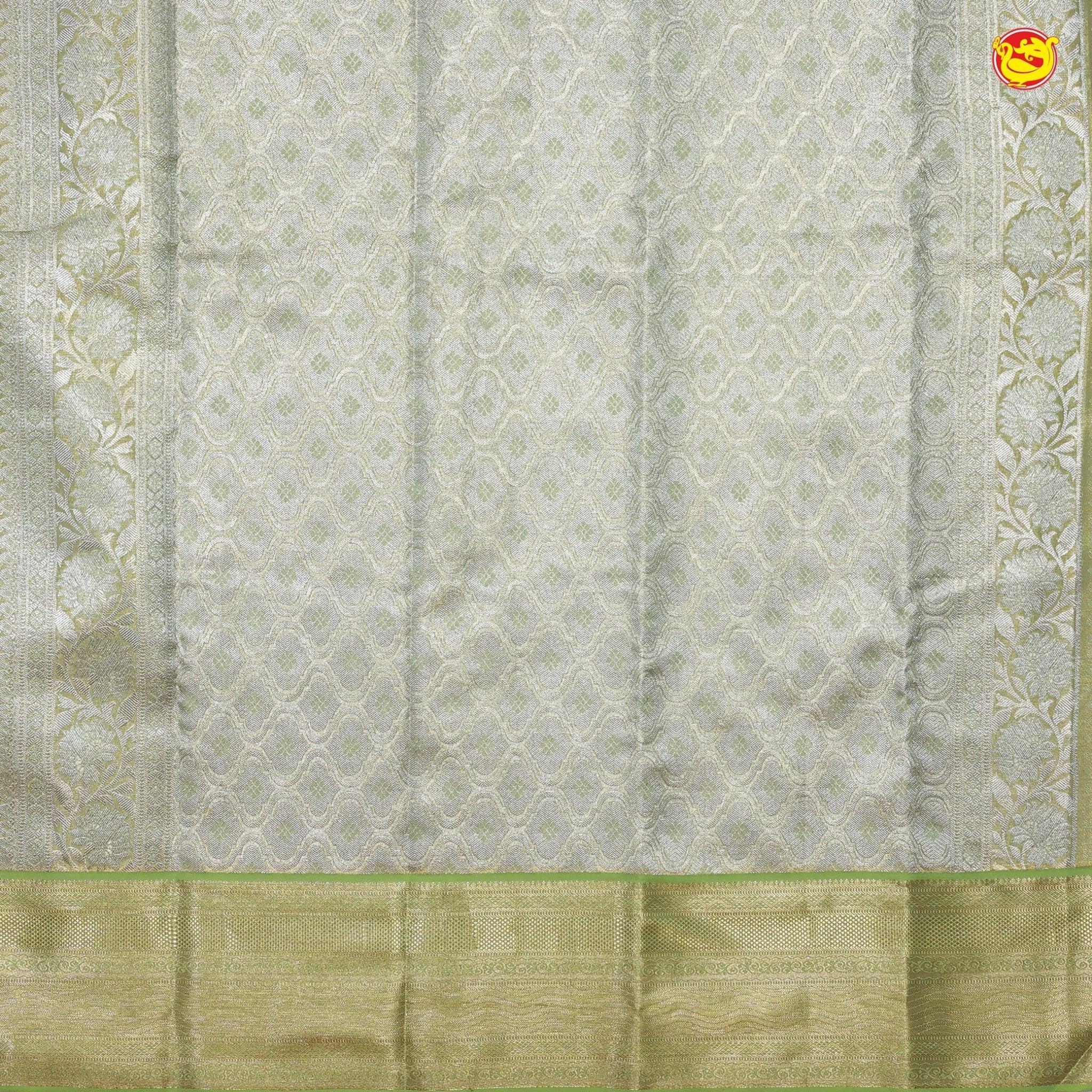 Pastel Green Kattam Motifs Silver Zari Floral Long Border Pure Kanjivaram Wedding Silk S - Thenianantham