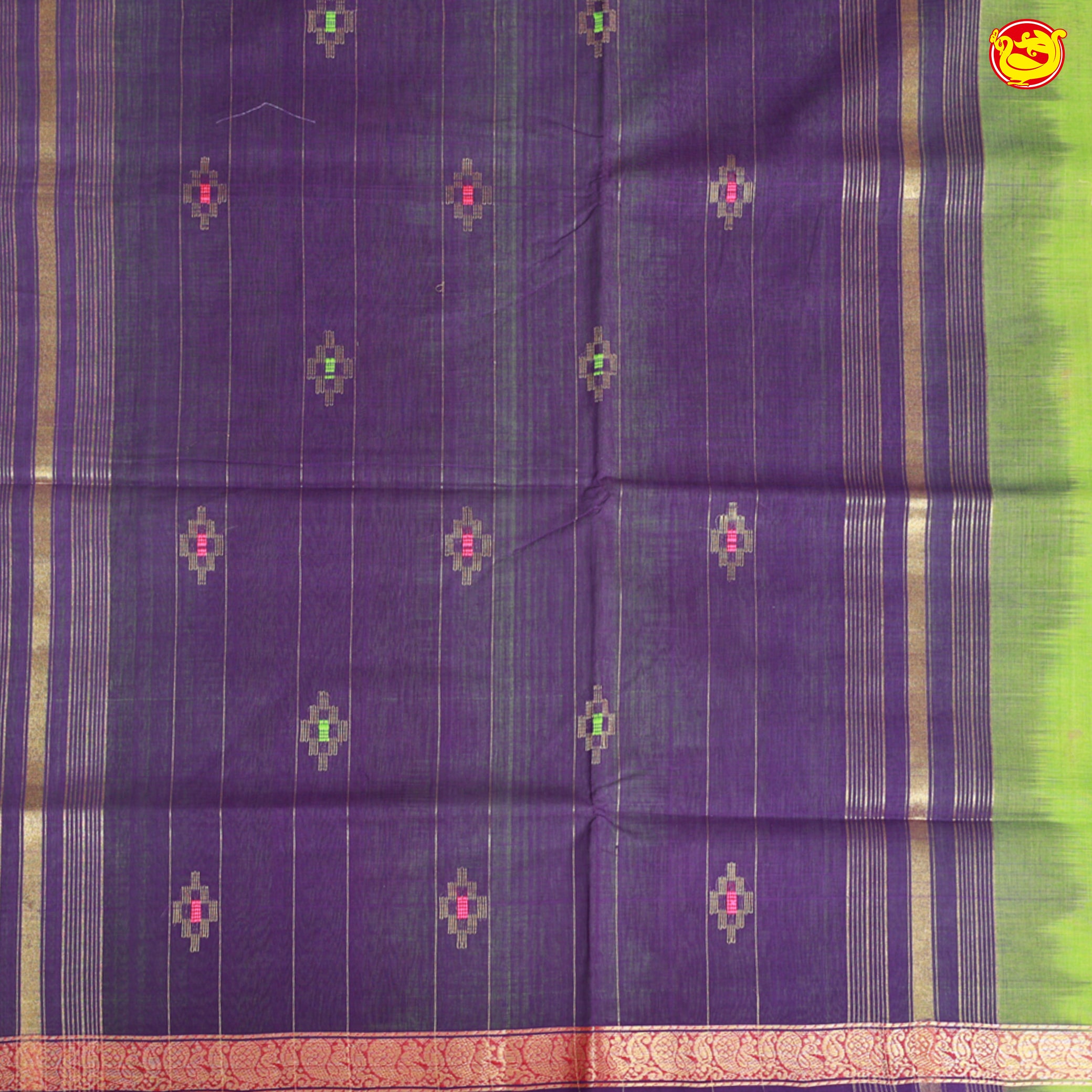 Purple with Green Traditional Buttas Venkatagiri Pure Cotton Saree without Blouse