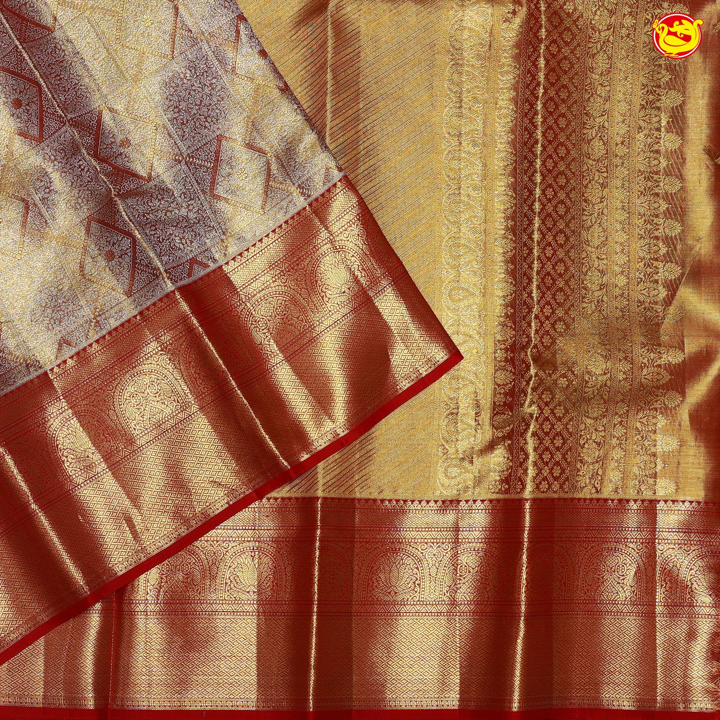 Golden with Red Border Traditional Tissue Wedding Silk Saree