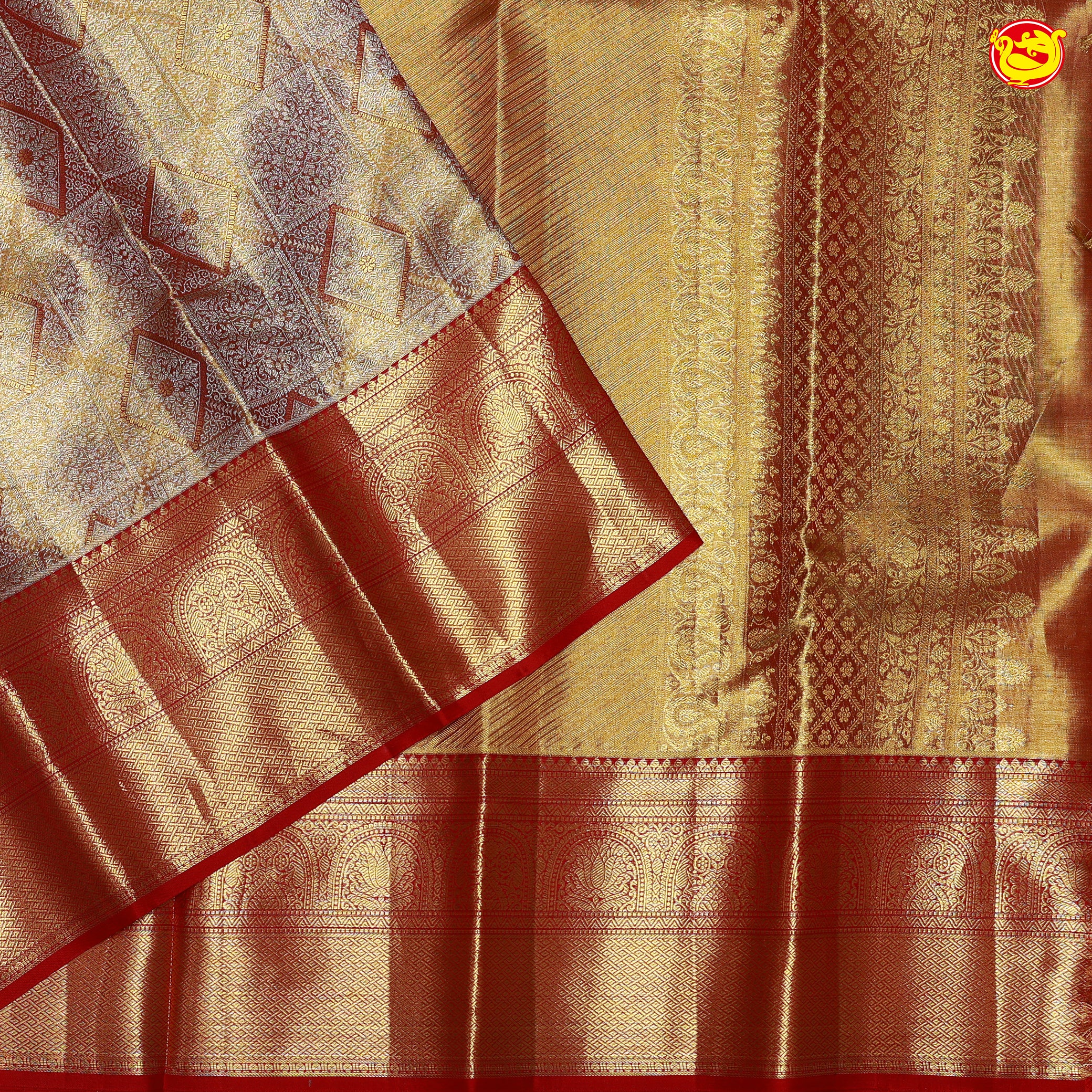 Golden with Red Border Traditional Tissue Wedding Silk Saree