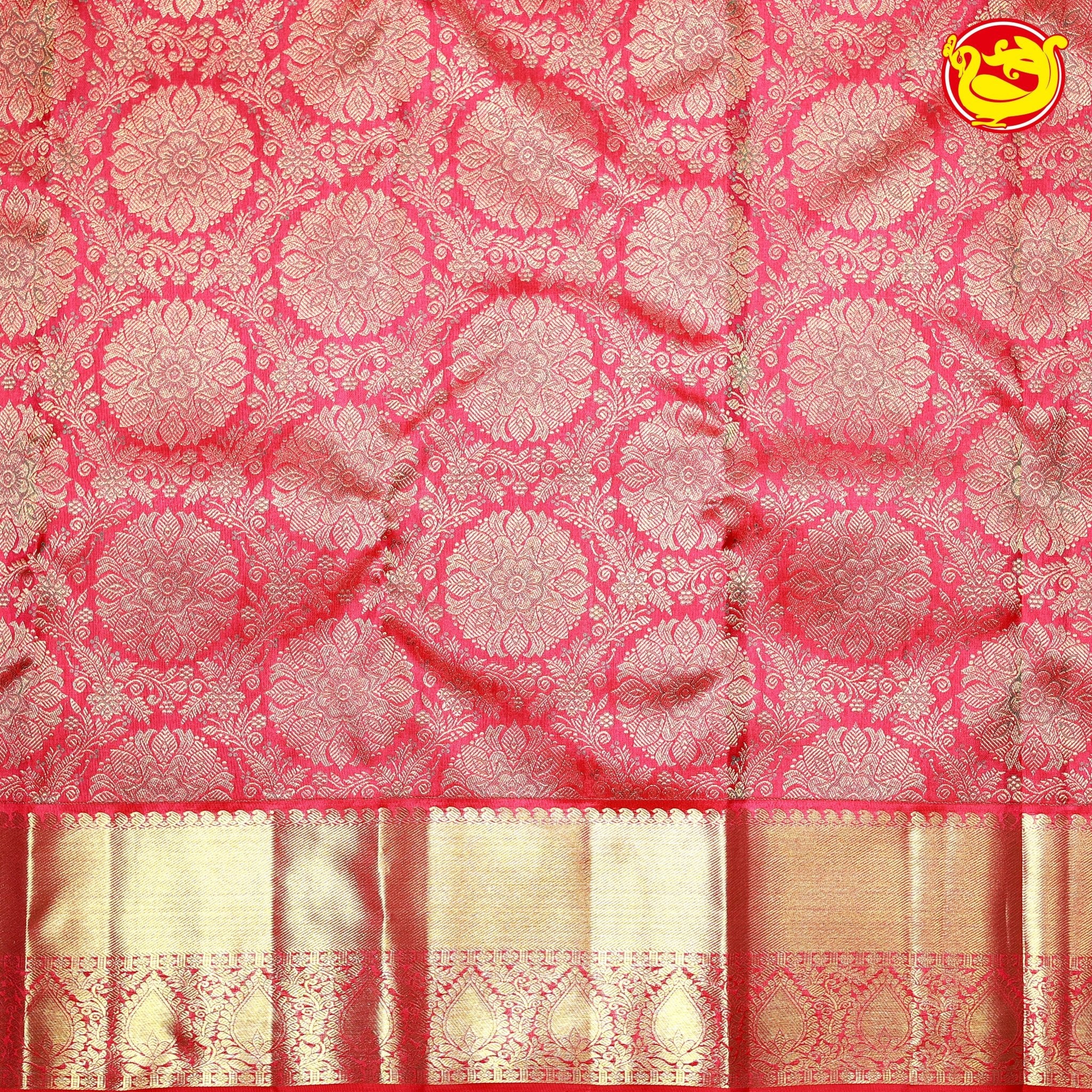 Pinkies Red Circle Floral Motifs Gold Zari Long Border Pure Kanjivaram Subhalaya Wedding Silk Saree - Thenianantham