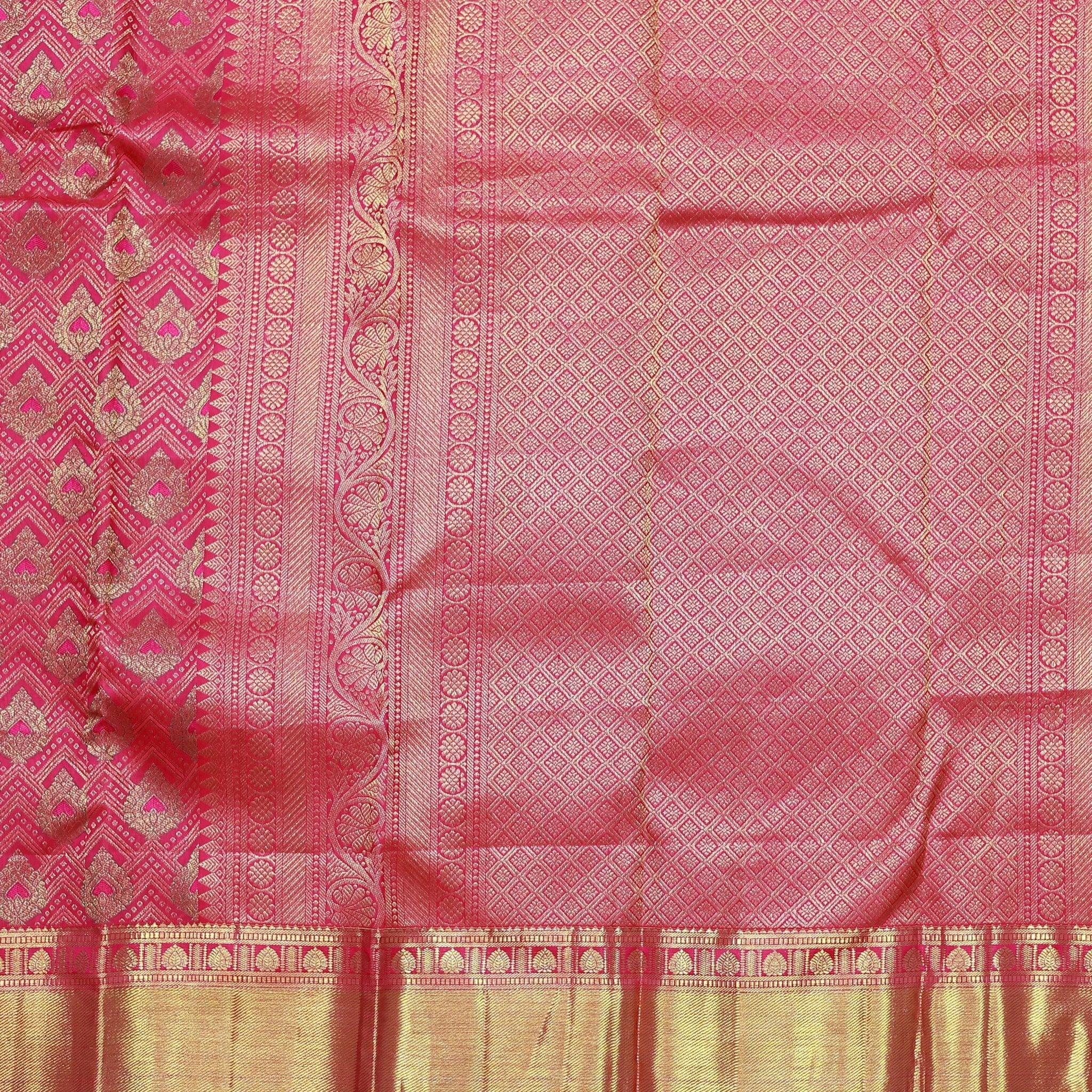 Hot Pink Traditional Buttas Gold Zari Floral Border Kanjivaram Wedding Silk Saree - Thenianantham