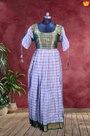 Purple with Green Checked Ladies Branded Readymade Chettinad Cotton Pleated Gown