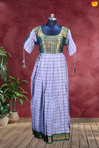 Purple with Green Checked Ladies Branded Readymade Chettinad Cotton Pleated Gown